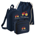 Embroidered Tractor Kids Personalised Name Backpack, Lunch Bag, PE Kit Gymsac Set Boys Navy Custom School Rucksack Nursery Bag