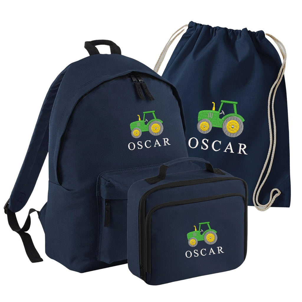 Embroidered Tractor Kids Personalised Name Junior Backpack, Lunch Bag, PE Kit Gymsac Set Boys Navy Custom School Rucksack Nursery Bag