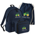 Embroidered Tractor Kids Personalised Name Junior Backpack, Lunch Bag, PE Kit Gymsac Set Boys Navy Custom School Rucksack Nursery Bag