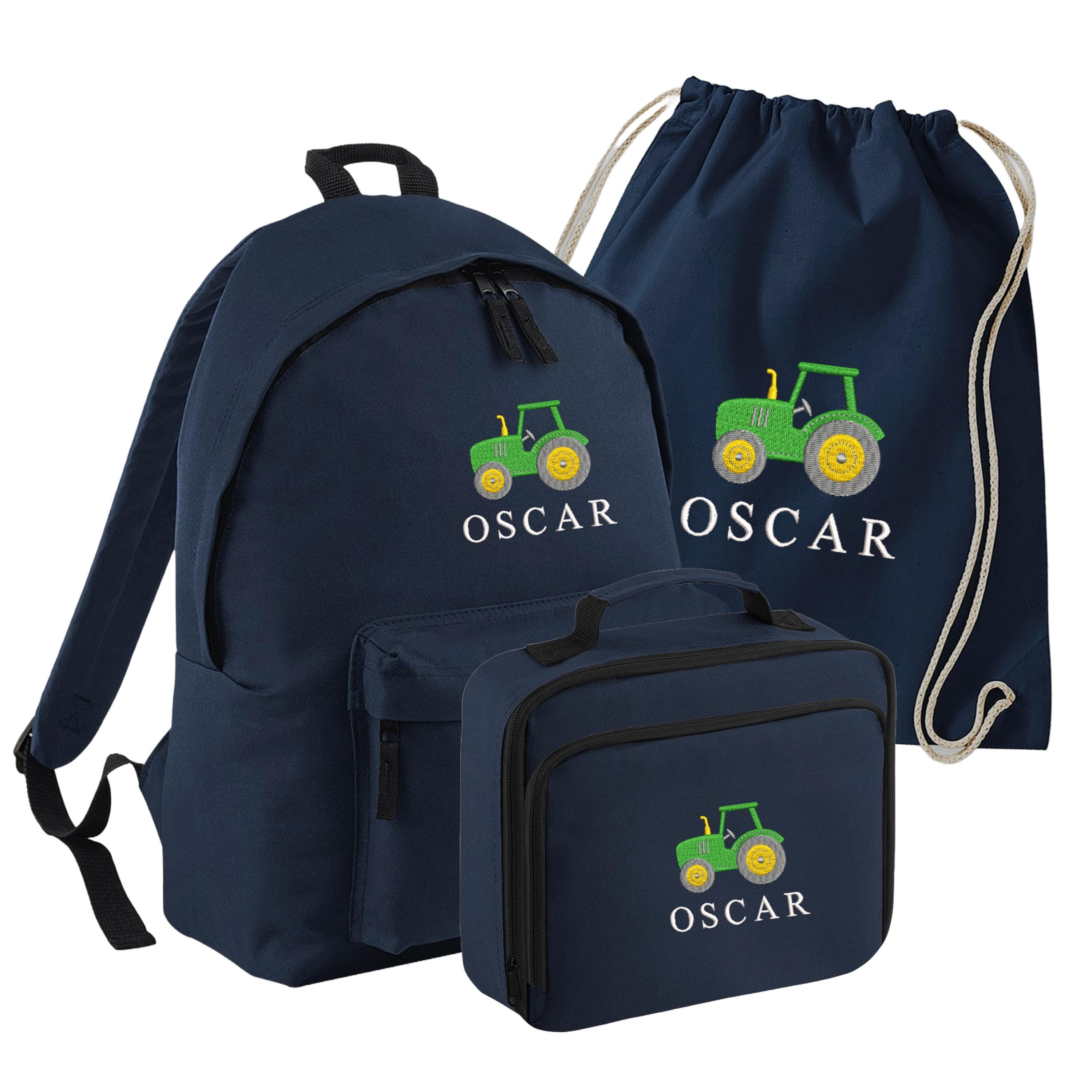 Embroidered Tractor Kids Personalised Name Junior Backpack, Lunch Bag, PE Kit Gymsac Set Boys Navy Custom School Rucksack Nursery Bag