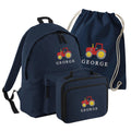 Embroidered Tractor Kids Personalised Name Junior Backpack, Lunch Bag, PE Kit Gymsac Set Boys Navy Custom School Rucksack Nursery Bag