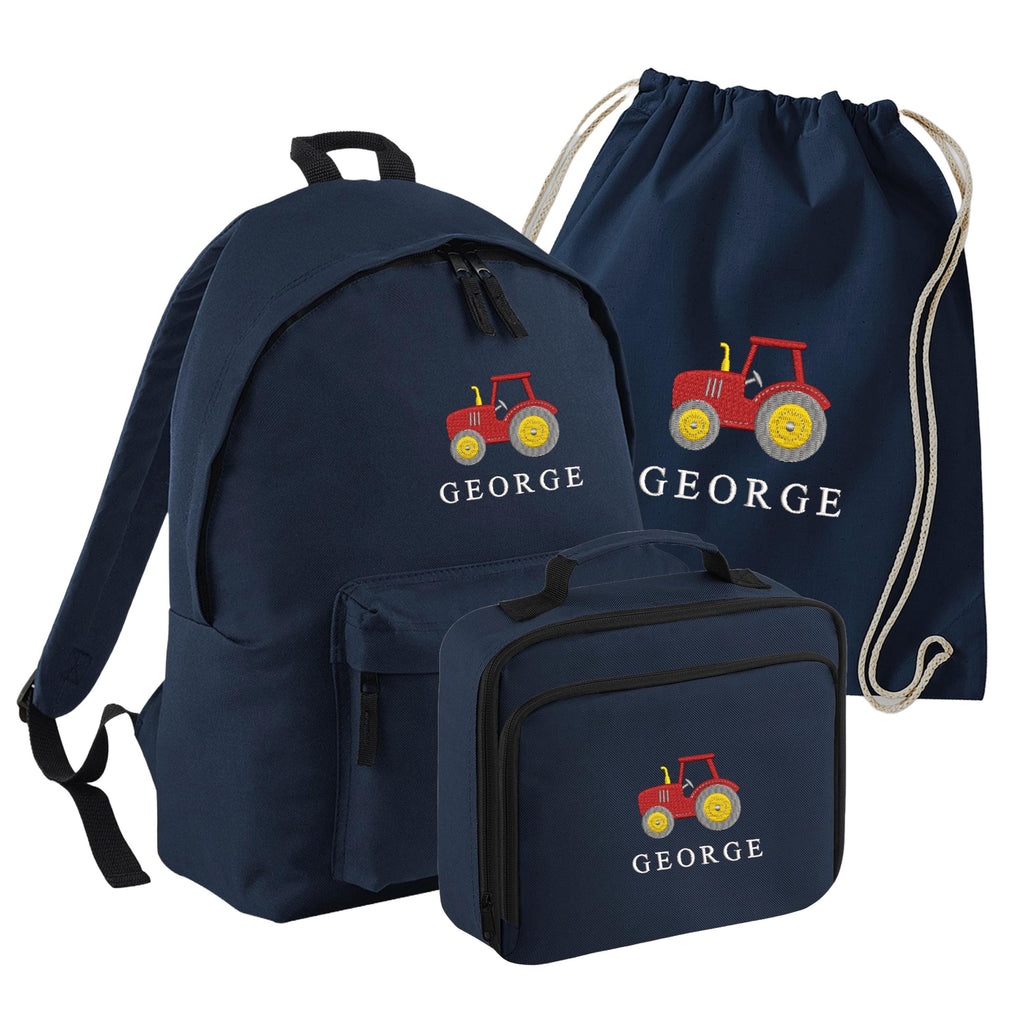 Embroidered Tractor Kids Personalised Name Junior Backpack, Lunch Bag, PE Kit Gymsac Set Boys Navy Custom School Rucksack Nursery Bag