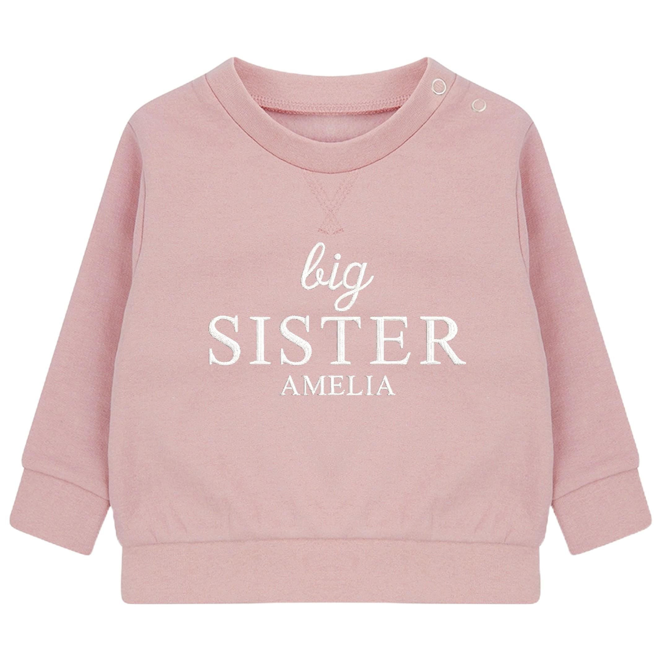 Embroidered Big Sister Personalised Name Girls Sustainable Sweatshirts Pink Toddler & Kids Custom New Sister Gift