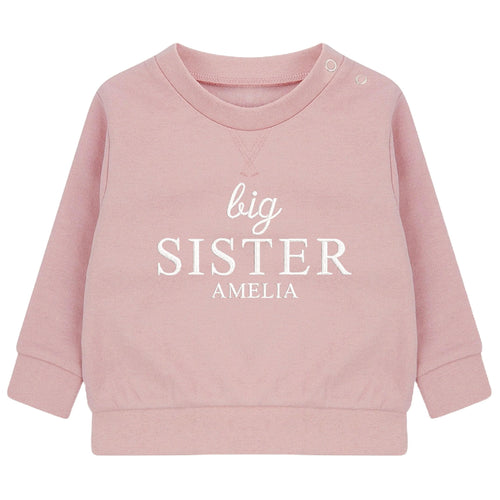 Embroidered Big Sister Personalised Name Girls Sustainable Sweatshirts Pink Toddler & Kids Custom New Sister Gift
