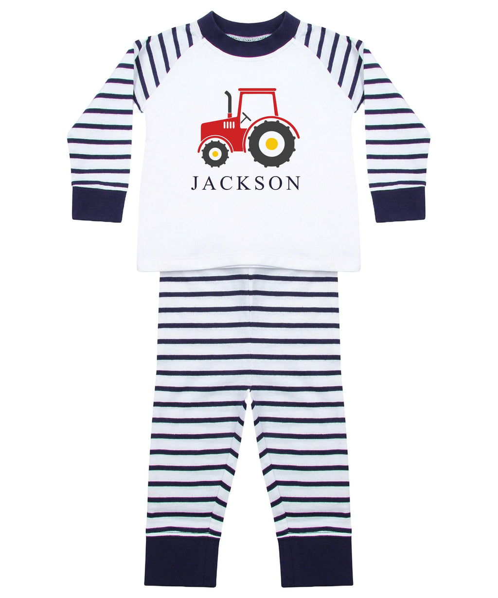 Personalised Name Boys Striped Pyjamas Custom Text Farm Tractor Baby Toddler Kids Gift
