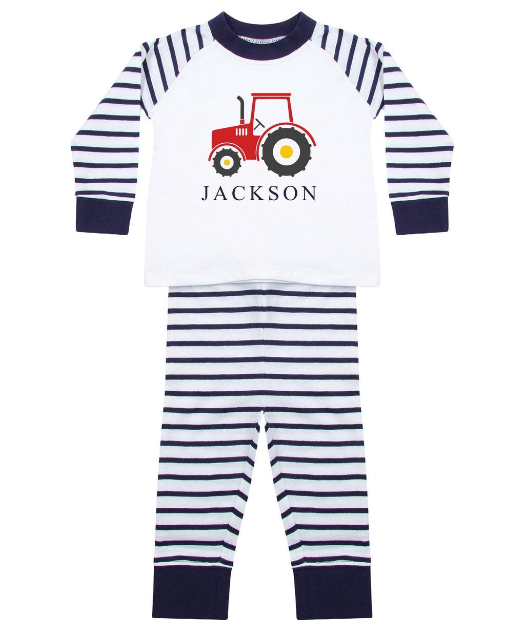 Personalised Name Boys Striped Pyjamas Custom Text Farm Tractor Baby Toddler Kids Gift