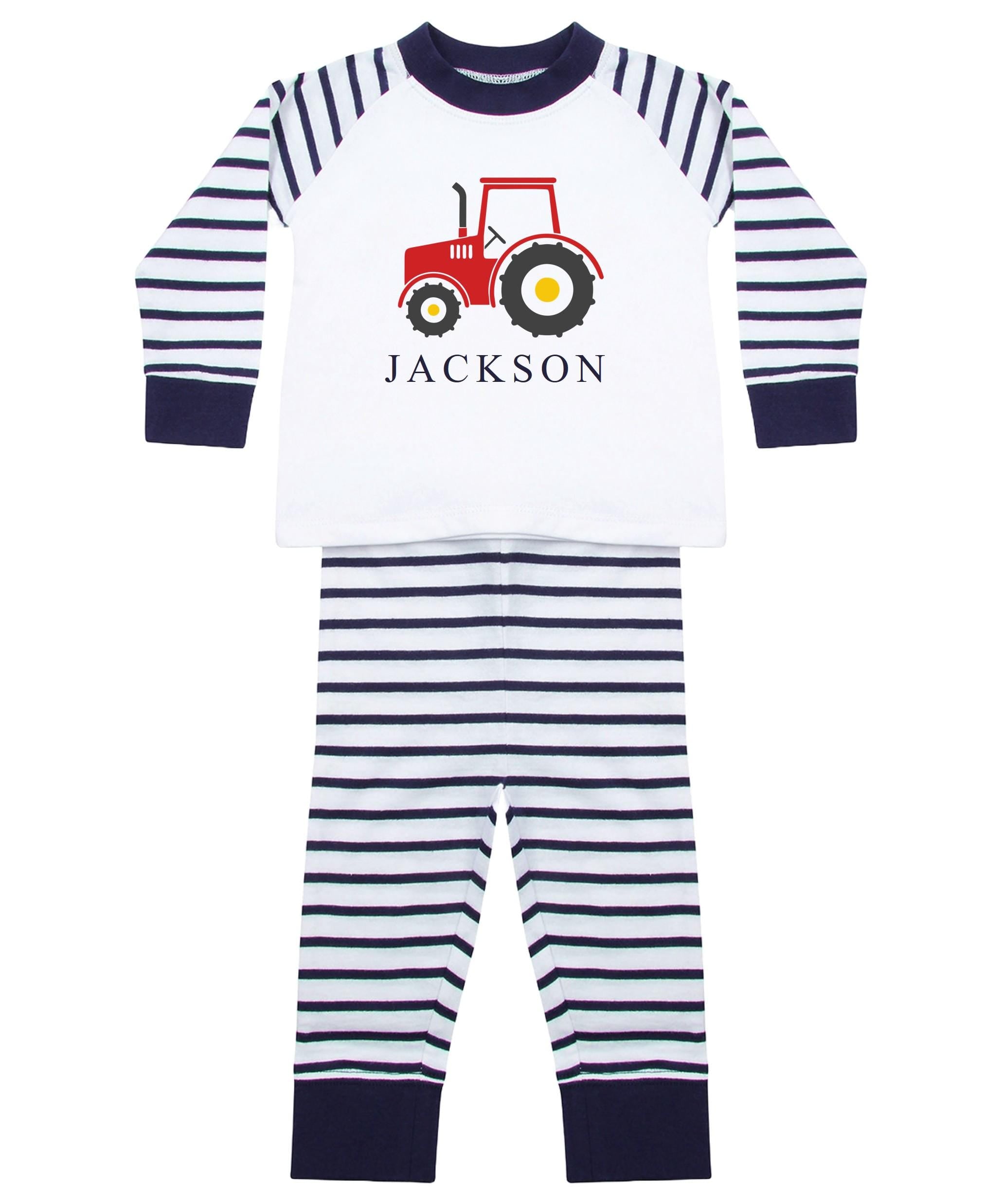 Personalised Name Boys Striped Pyjamas Custom Text Farm Tractor Baby Toddler Kids Gift