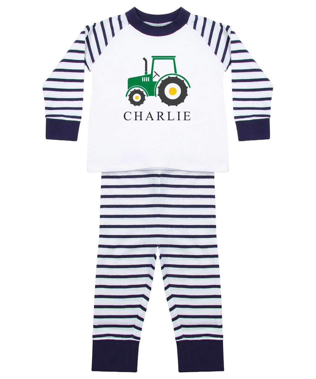 Personalised Name Boys Striped Pyjamas Custom Text Farm Tractor Baby Toddler Kids Gift