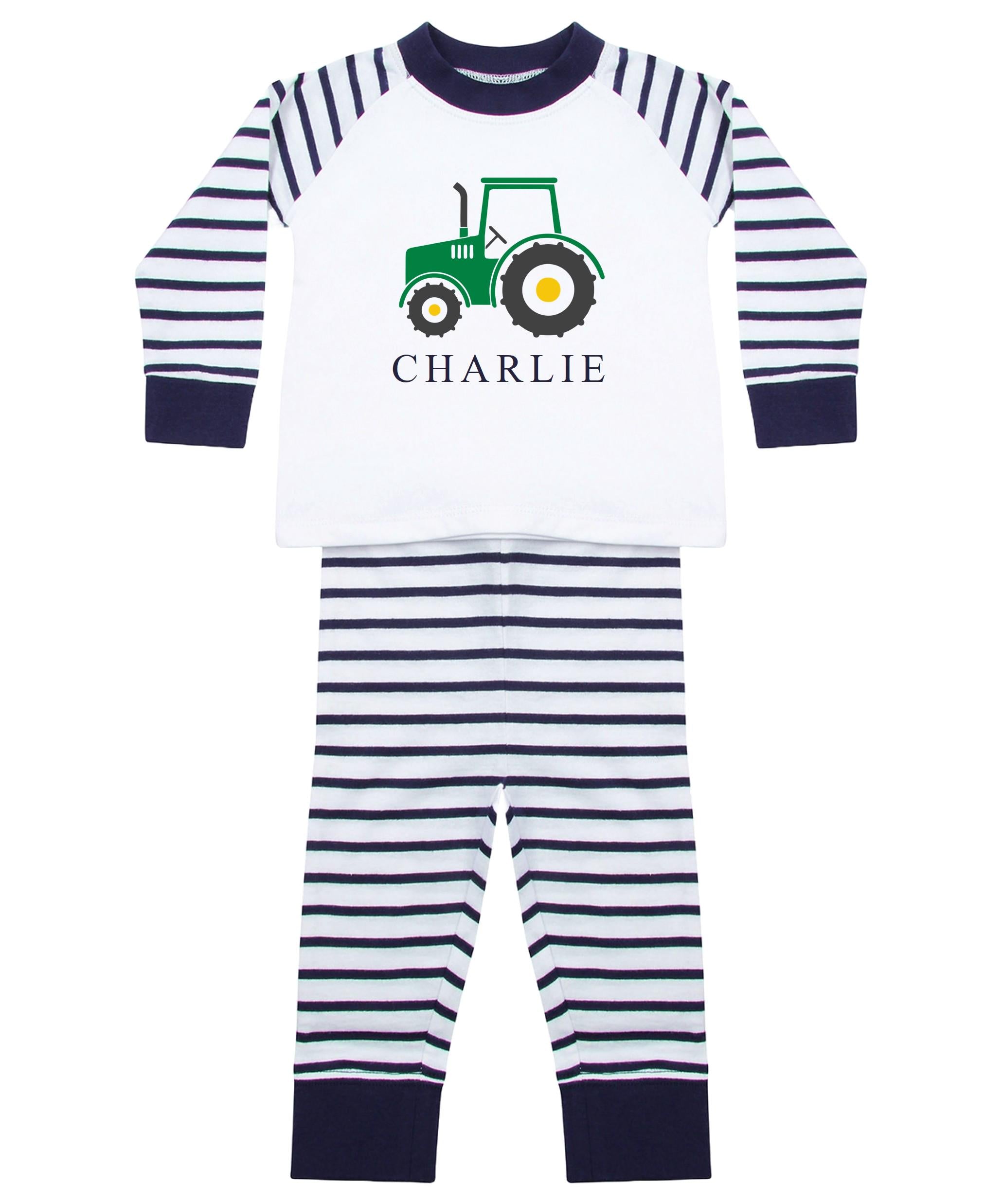 Personalised Name Boys Striped Pyjamas Custom Text Farm Tractor Baby Toddler Kids Gift
