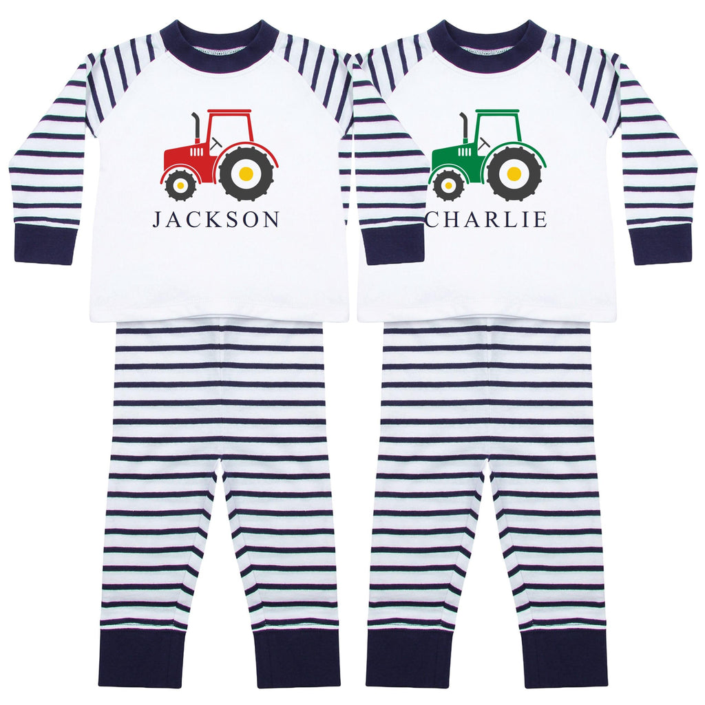 Personalised Name Boys Striped Pyjamas Custom Text Farm Tractor Baby Toddler Kids Gift