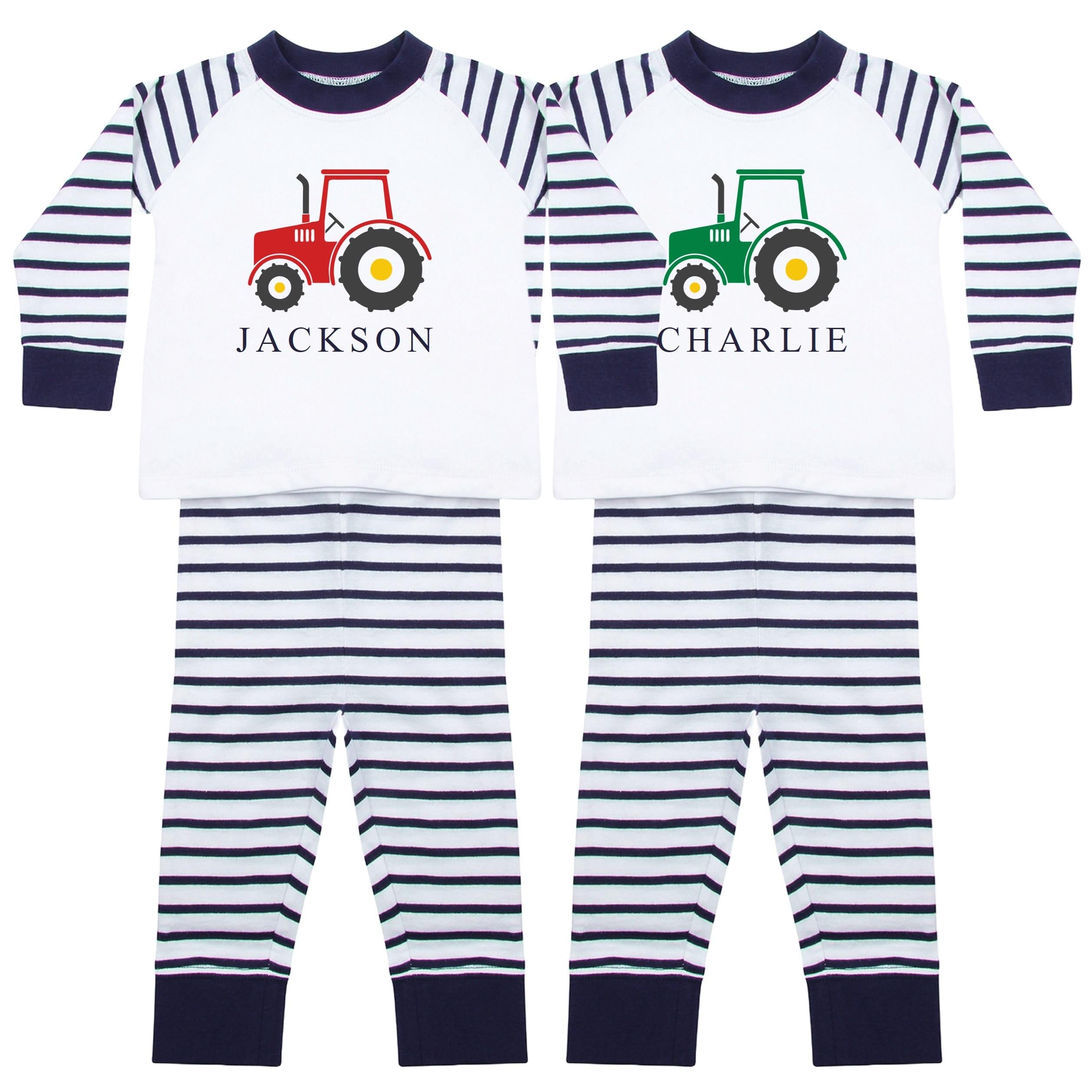 Personalised Name Boys Striped Pyjamas Custom Text Farm Tractor Baby Toddler Kids Gift