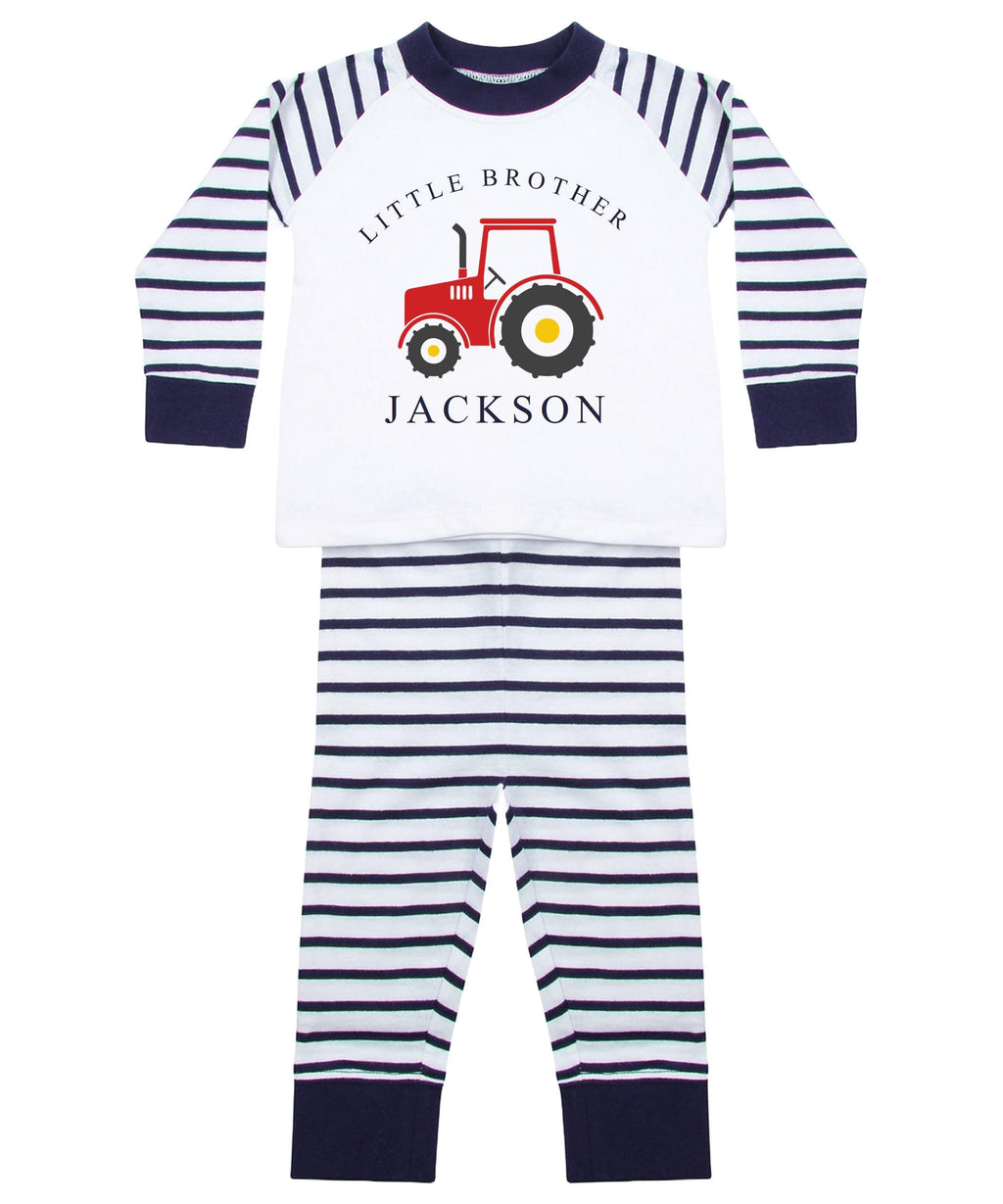 Personalised Name Big & Little Brother Boys Striped Pyjamas Custom Text Farm Tractor Baby Toddler Kids Matching Siblings