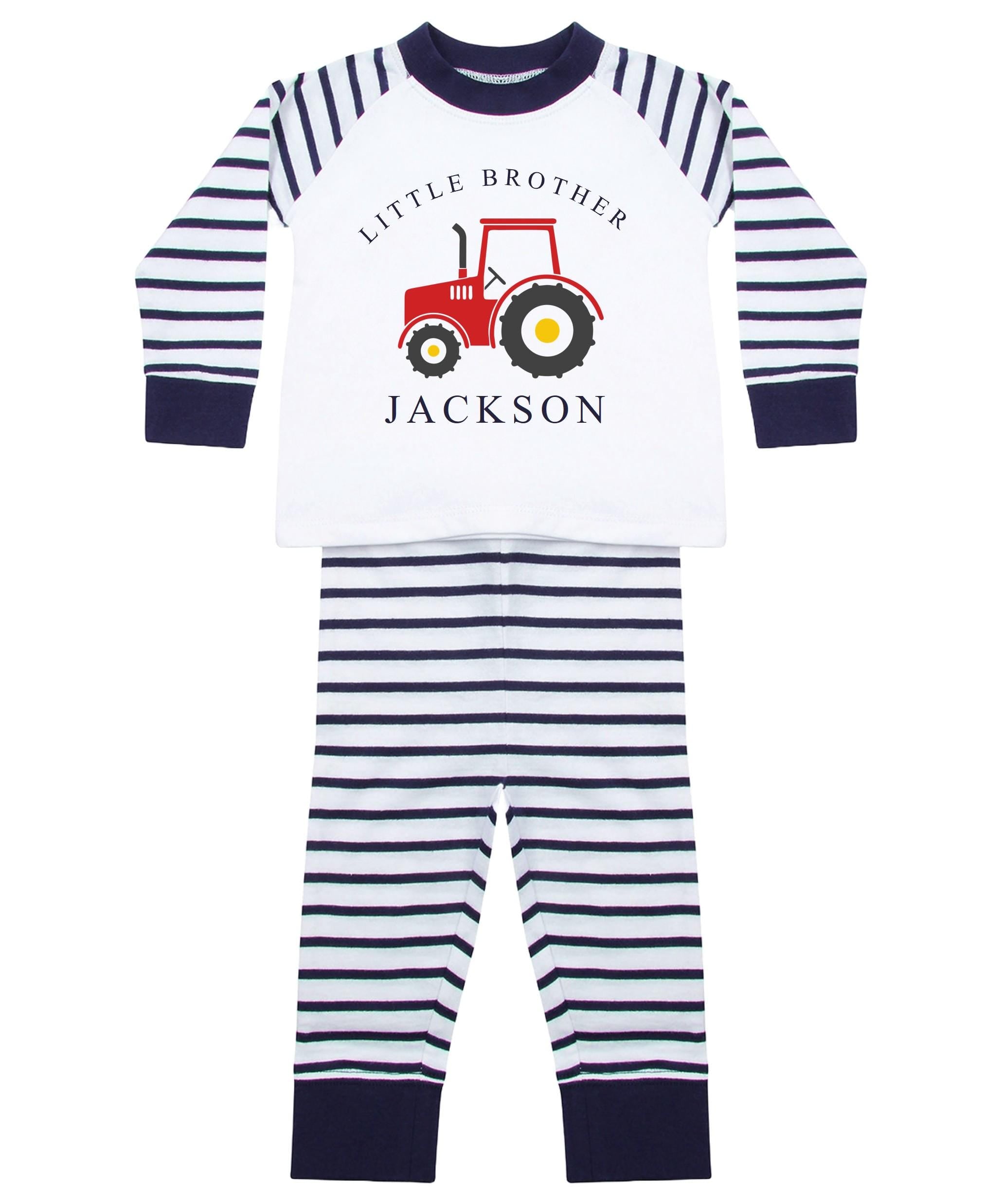 Personalised Name Big & Little Brother Boys Striped Pyjamas Custom Text Farm Tractor Baby Toddler Kids Matching Siblings