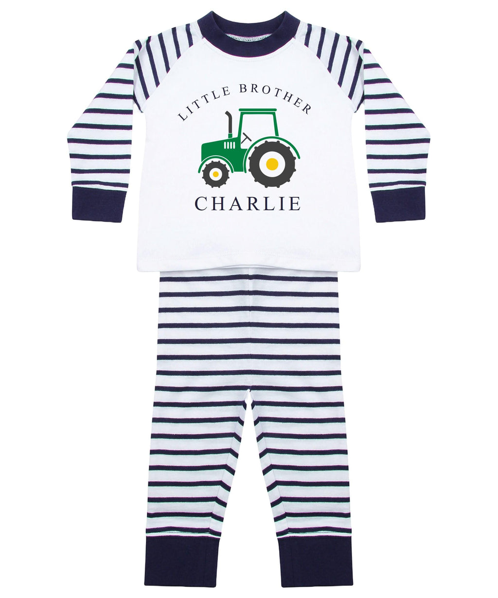 Personalised Name Big & Little Brother Boys Striped Pyjamas Custom Text Farm Tractor Baby Toddler Kids Matching Siblings