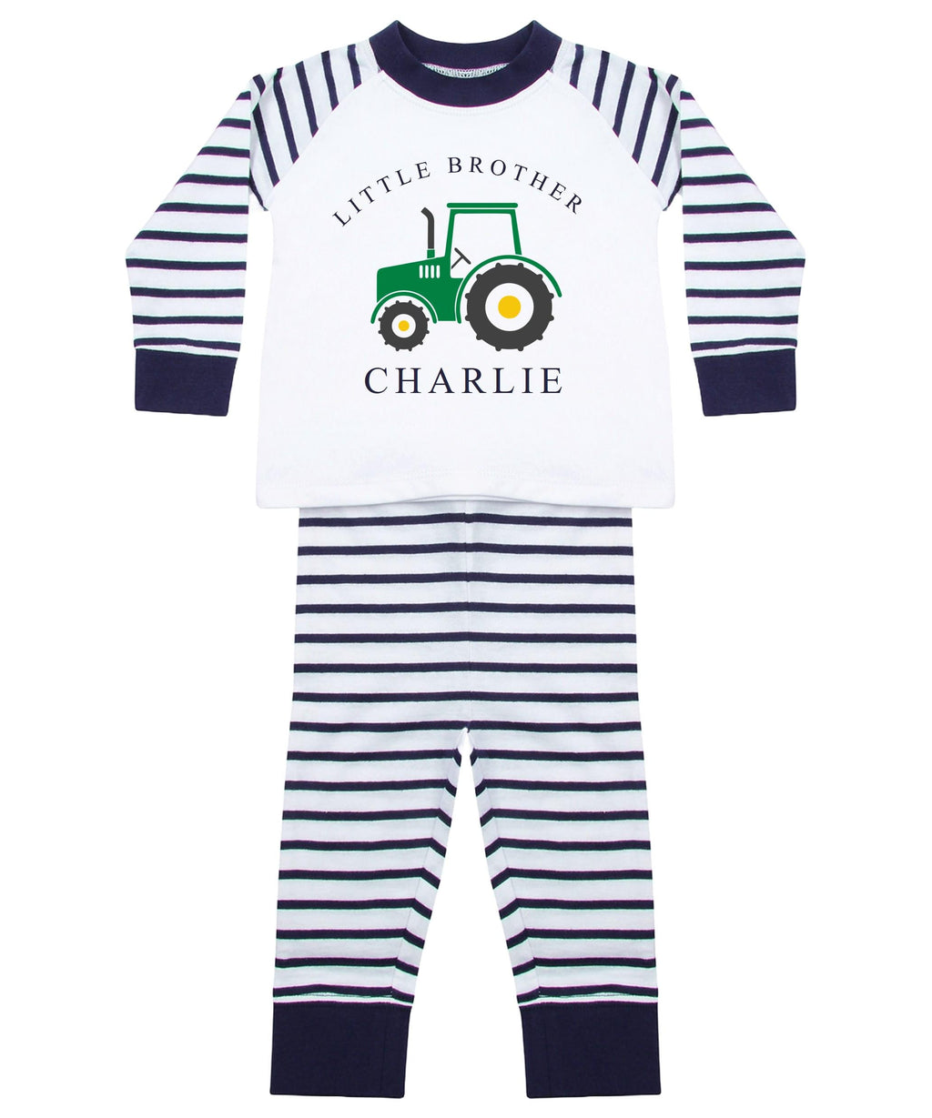 Personalised Name Big & Little Brother Boys Striped Pyjamas Custom Text Farm Tractor Baby Toddler Kids Matching Siblings