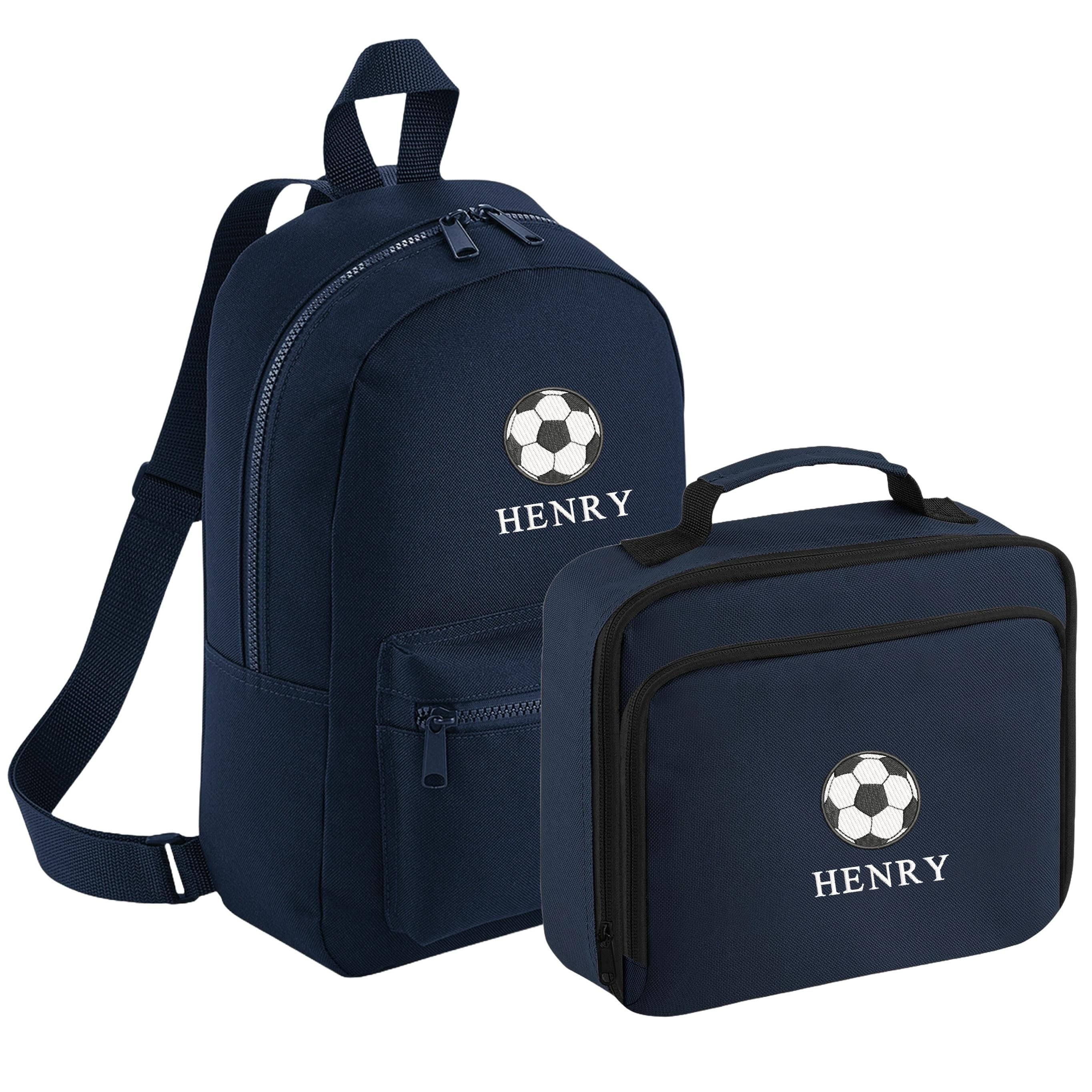 Embroidered Football Kids Personalised Name Backpack & Lunch Bag Set Boys Girls Navy Custom School Rucksack Nursery Bag