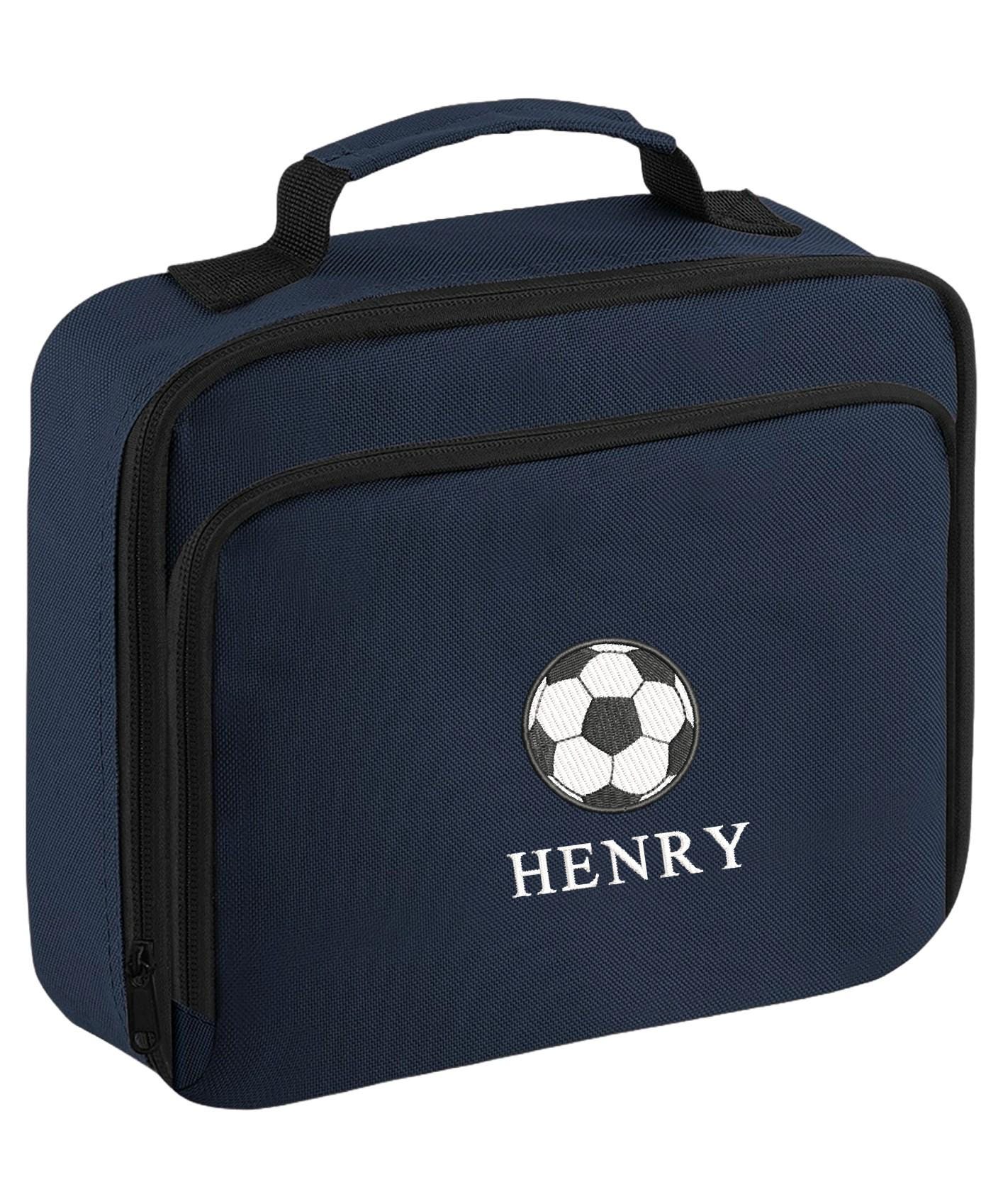 Embroidered Football Kids Personalised Name Backpack & Lunch Bag Set Boys Girls Navy Custom School Rucksack Nursery Bag