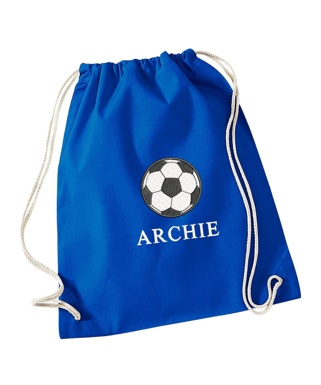 Embroidered Football Kids Personalised Name Cotton Gymsac Custom Text School PE Kit Rucksack Nursery Bag