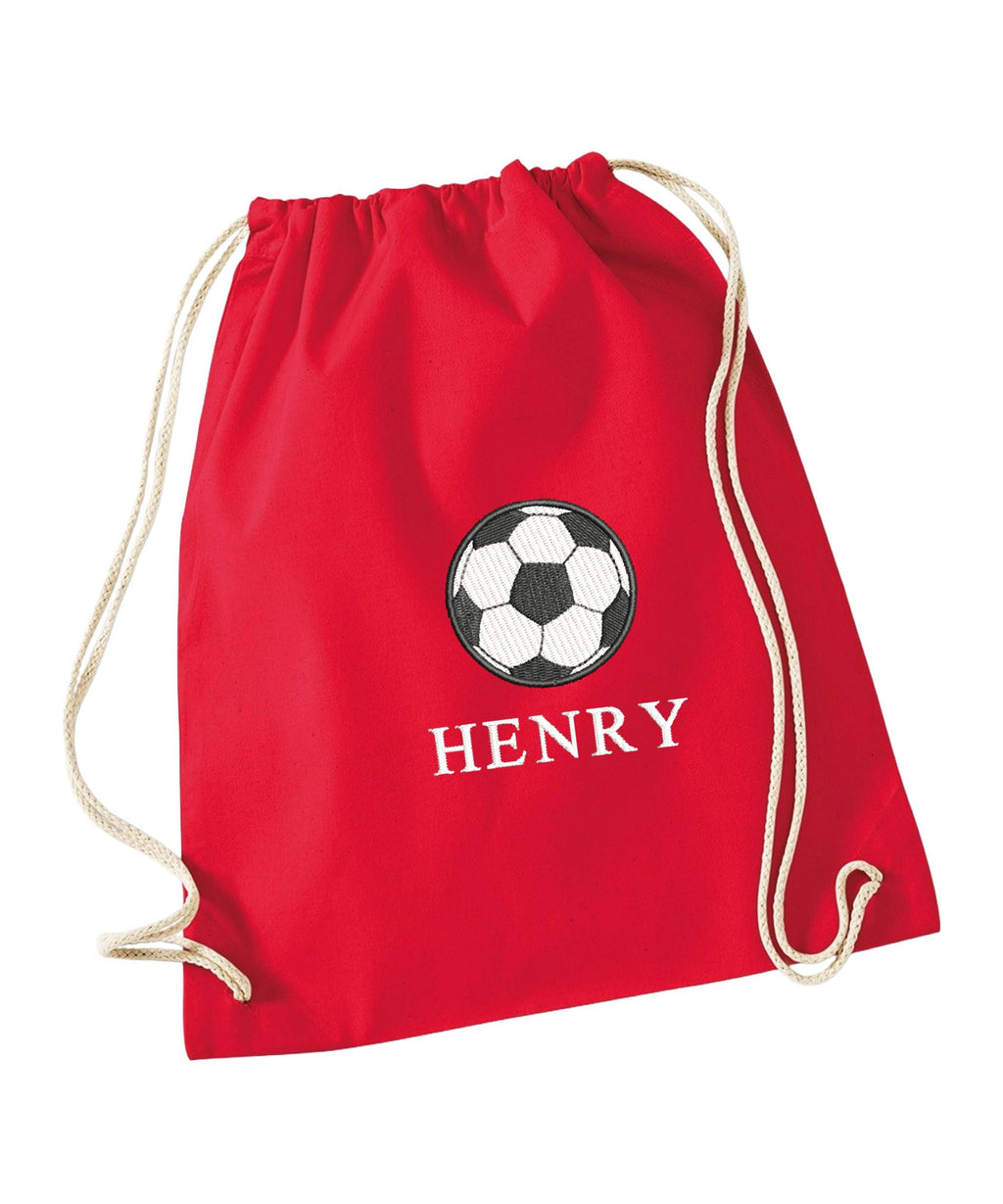 Embroidered Football Kids Personalised Name Cotton Gymsac Custom Text School PE Kit Rucksack Nursery Bag
