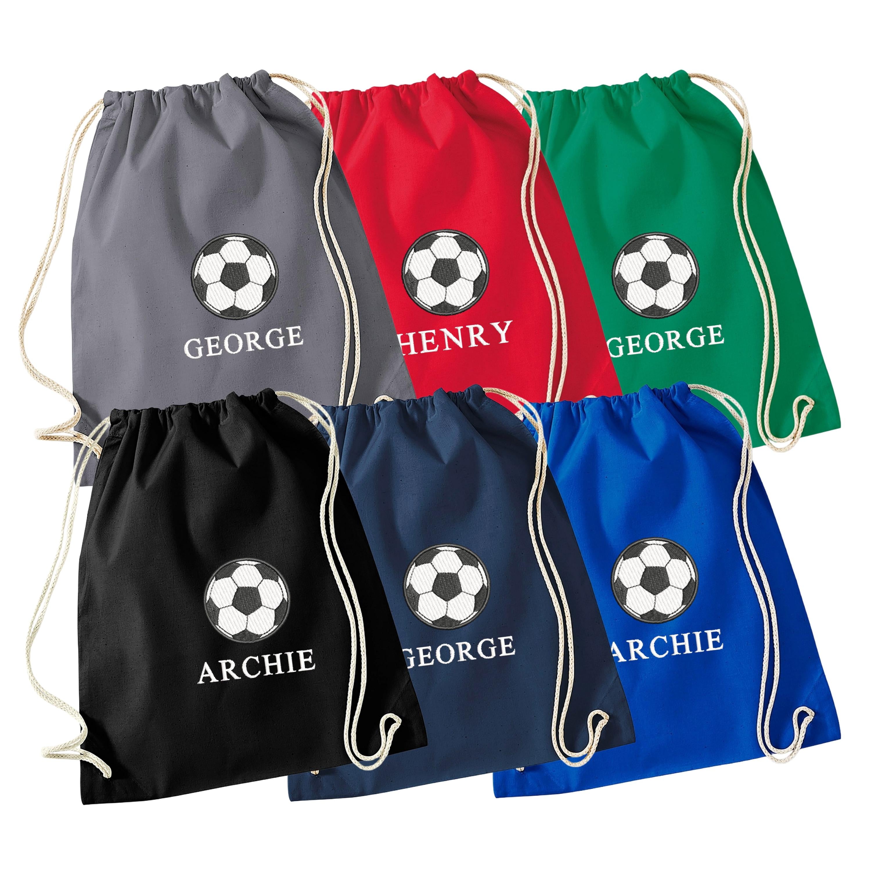 Embroidered Football Kids Personalised Name Cotton Gymsac Custom Text School PE Kit Rucksack Nursery Bag