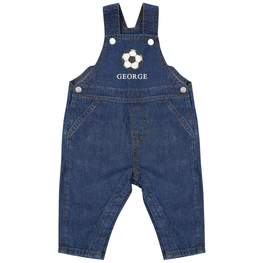 Embroidered Football Personalised Name Baby & Toddler Cotton Denim Dungarees Custom Text Boys Gift