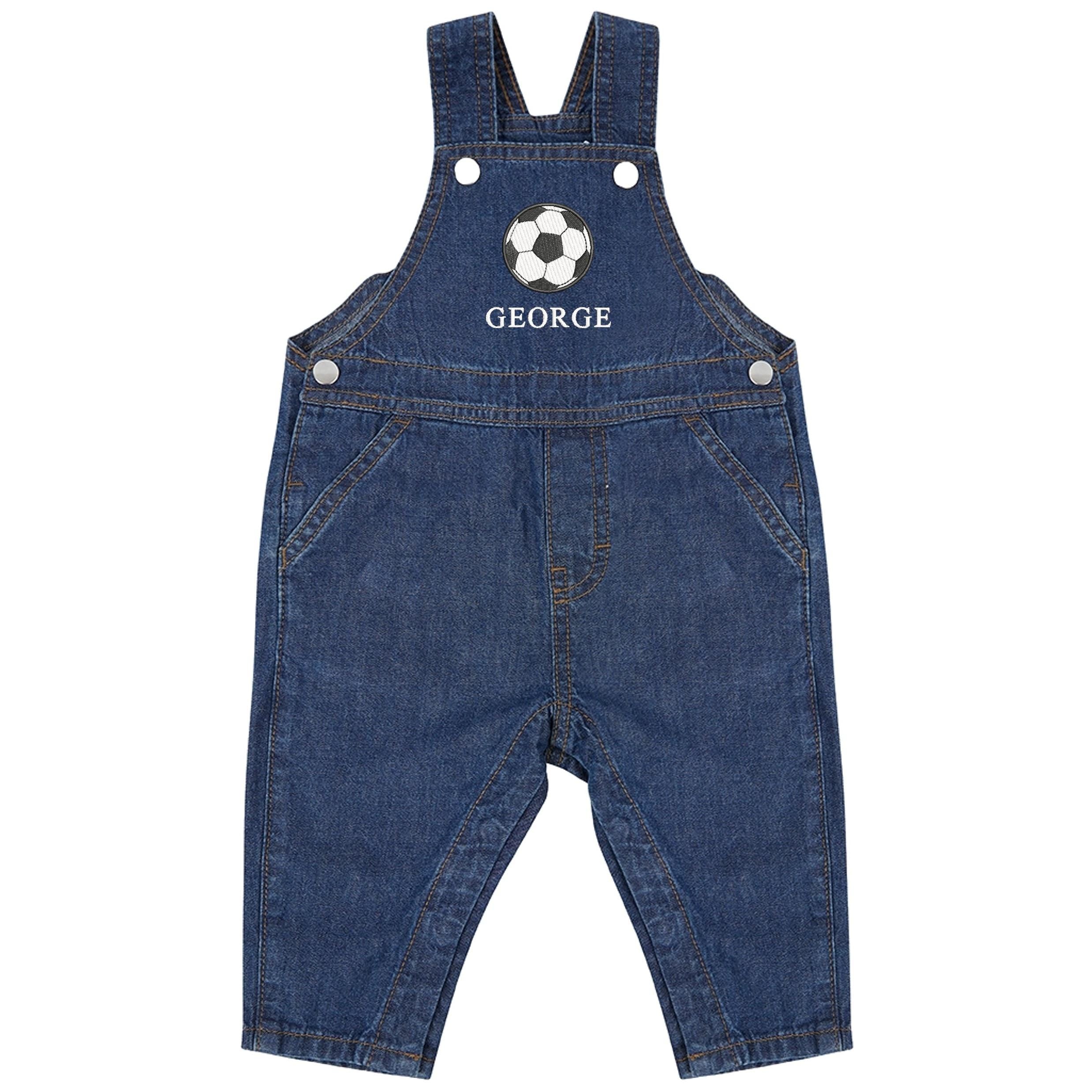 Embroidered Football Personalised Name Baby & Toddler Cotton Denim Dungarees Custom Text Boys Gift