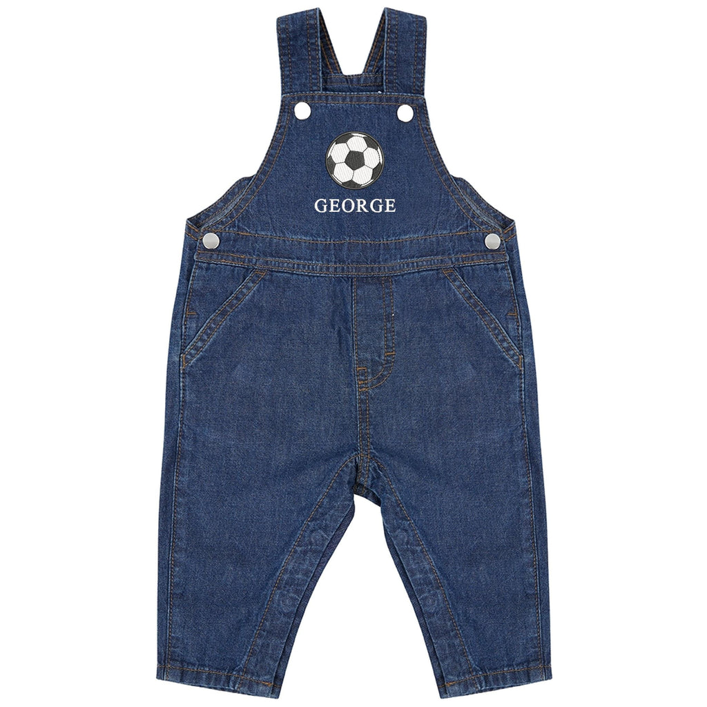 Embroidered Football Personalised Name Baby & Toddler Cotton Denim Dungarees Custom Text Boys Gift