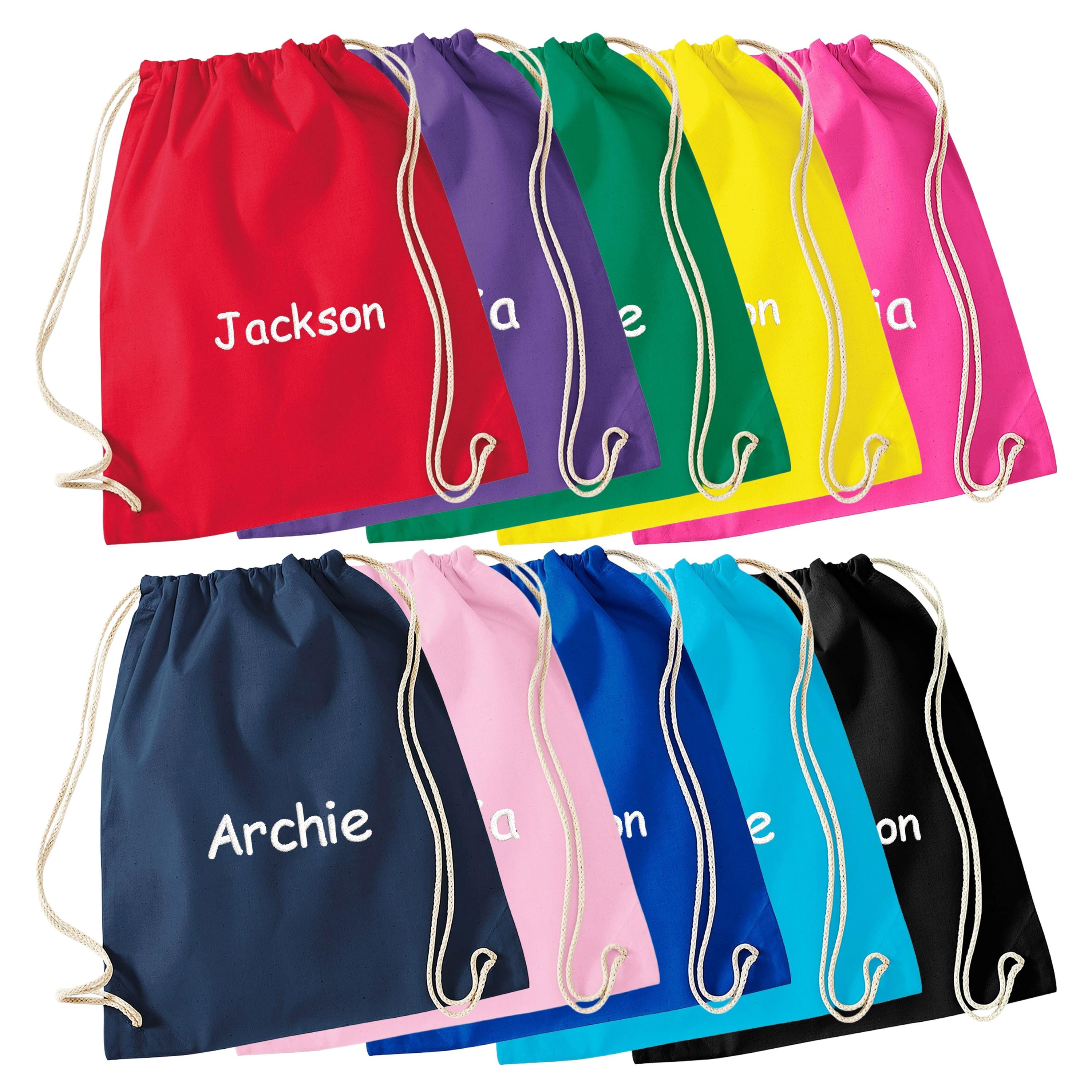 Embroidered Kids Personalised Name Cotton Gymsac Custom Text School PE Kit Rucksack Nursery Bag