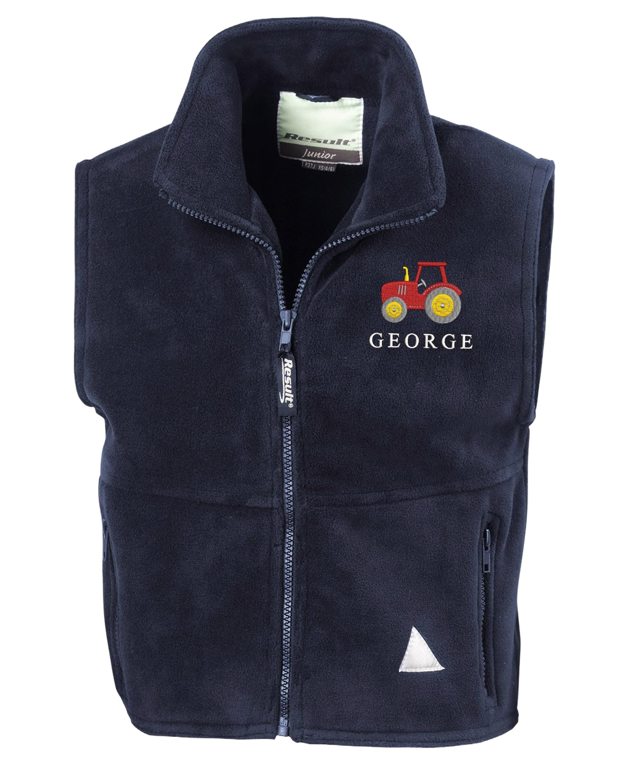 Embroidered Tractor Personalised Name Boys Fleece Bodywarmer Navy Kids Custom Text Jacket Farm Coat