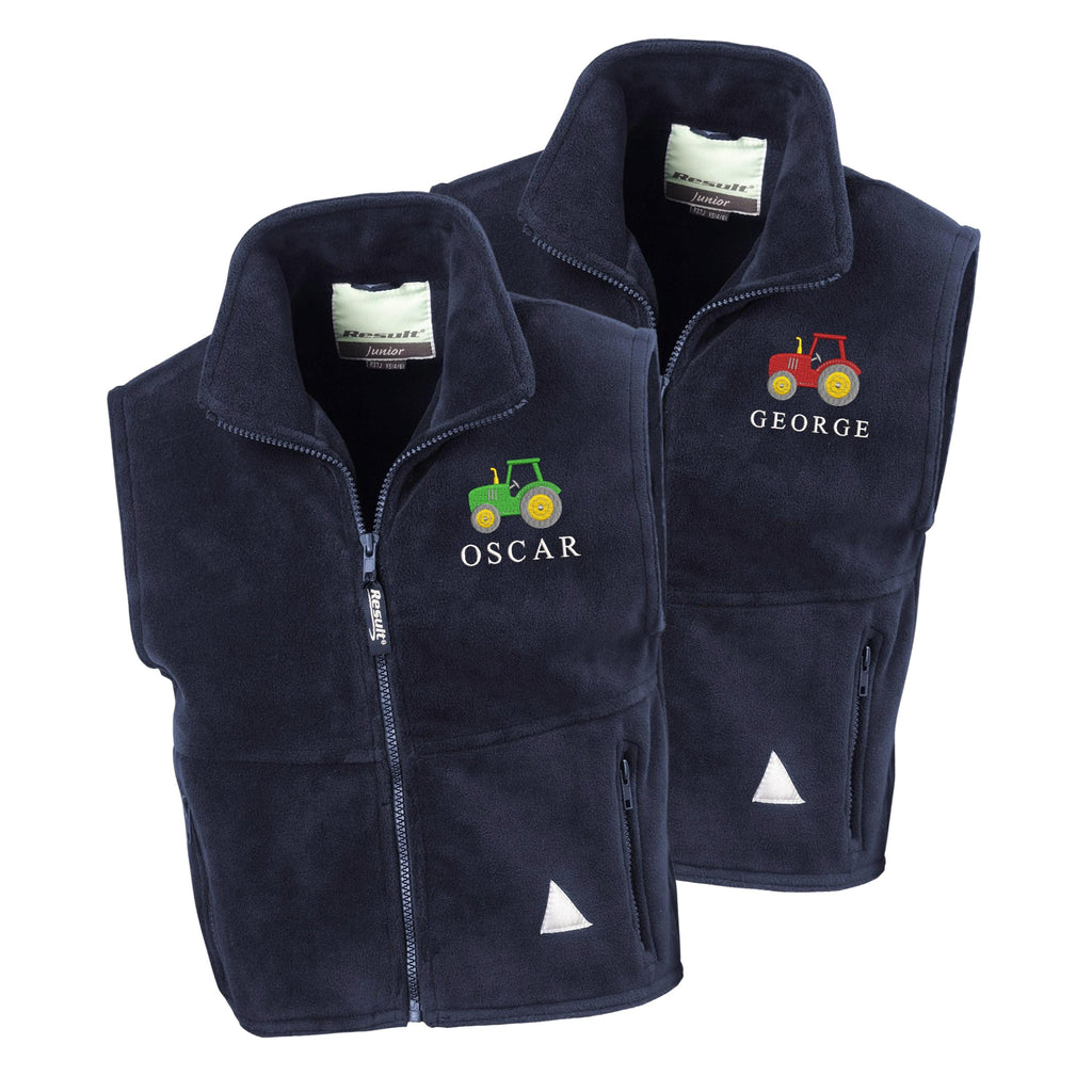 Embroidered Tractor Personalised Name Boys Fleece Bodywarmer Navy Kids Custom Text Jacket Farm Coat