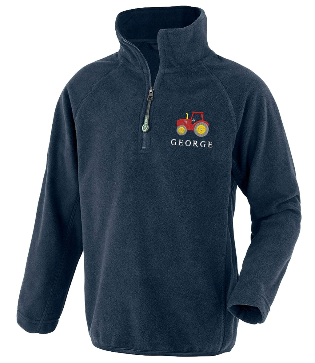 Embroidered Tractor Personalised Name Boys Recycled Fleece Top Navy Kids Custom Text Farm Coat