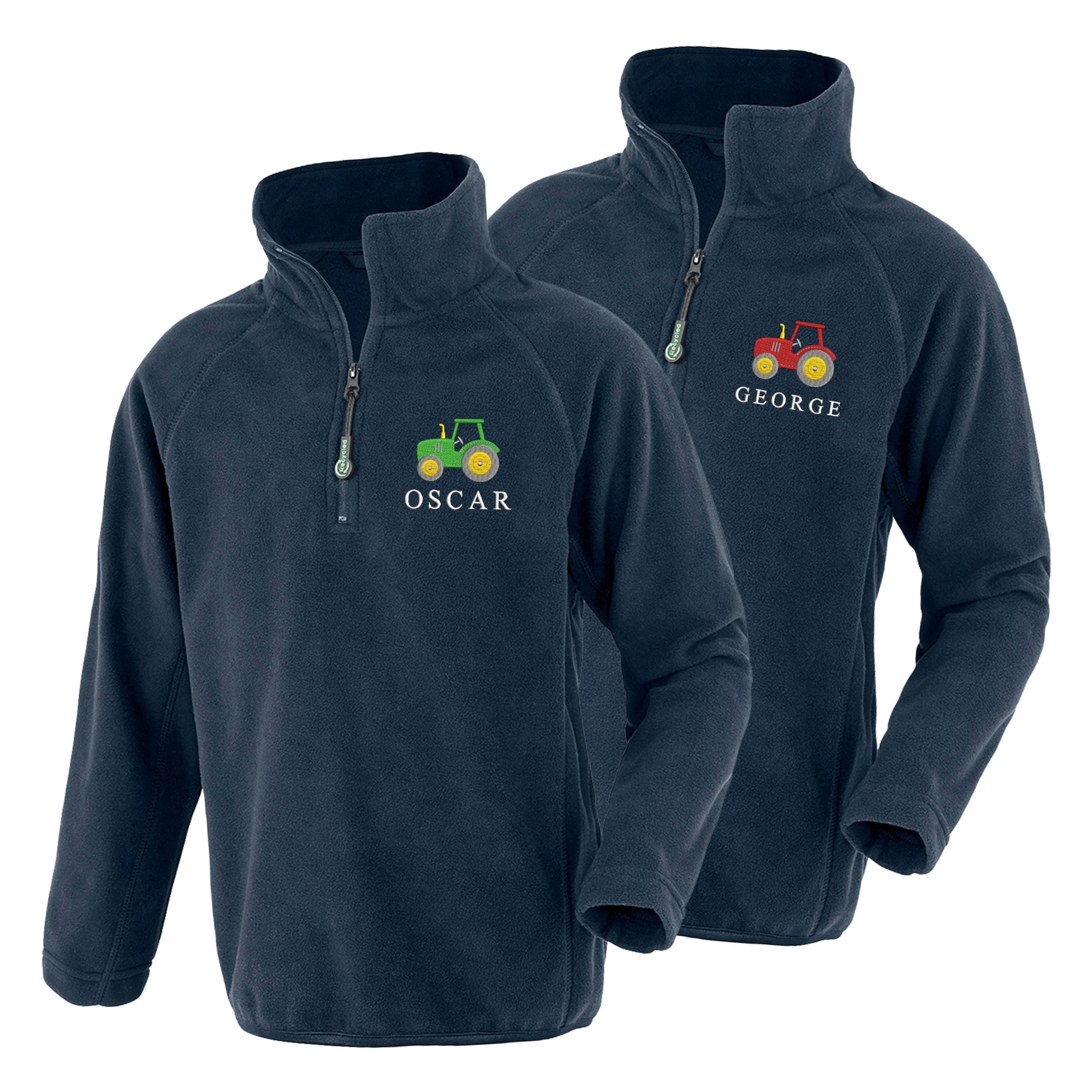 Embroidered Tractor Personalised Name Boys Recycled Fleece Top Navy Kids Custom Text Farm Coat