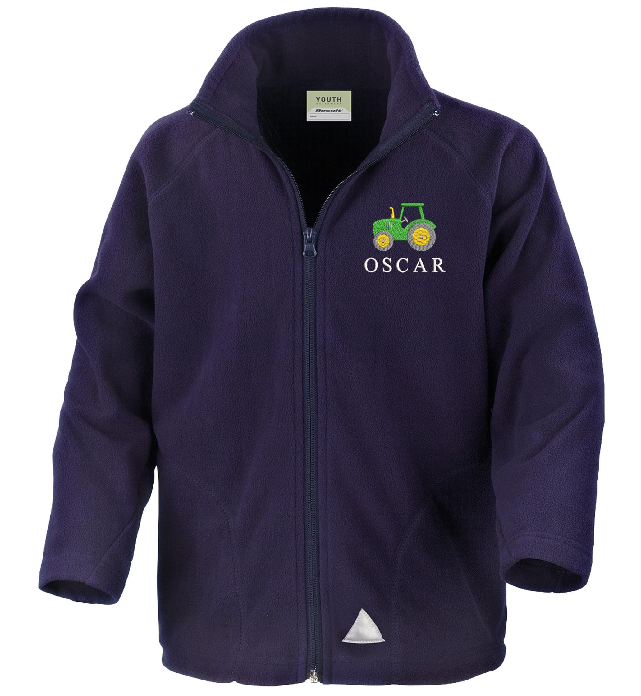 Embroidered Tractor Personalised Name Boys Fleece Jacket Navy Kids Custom Text Farm Coat