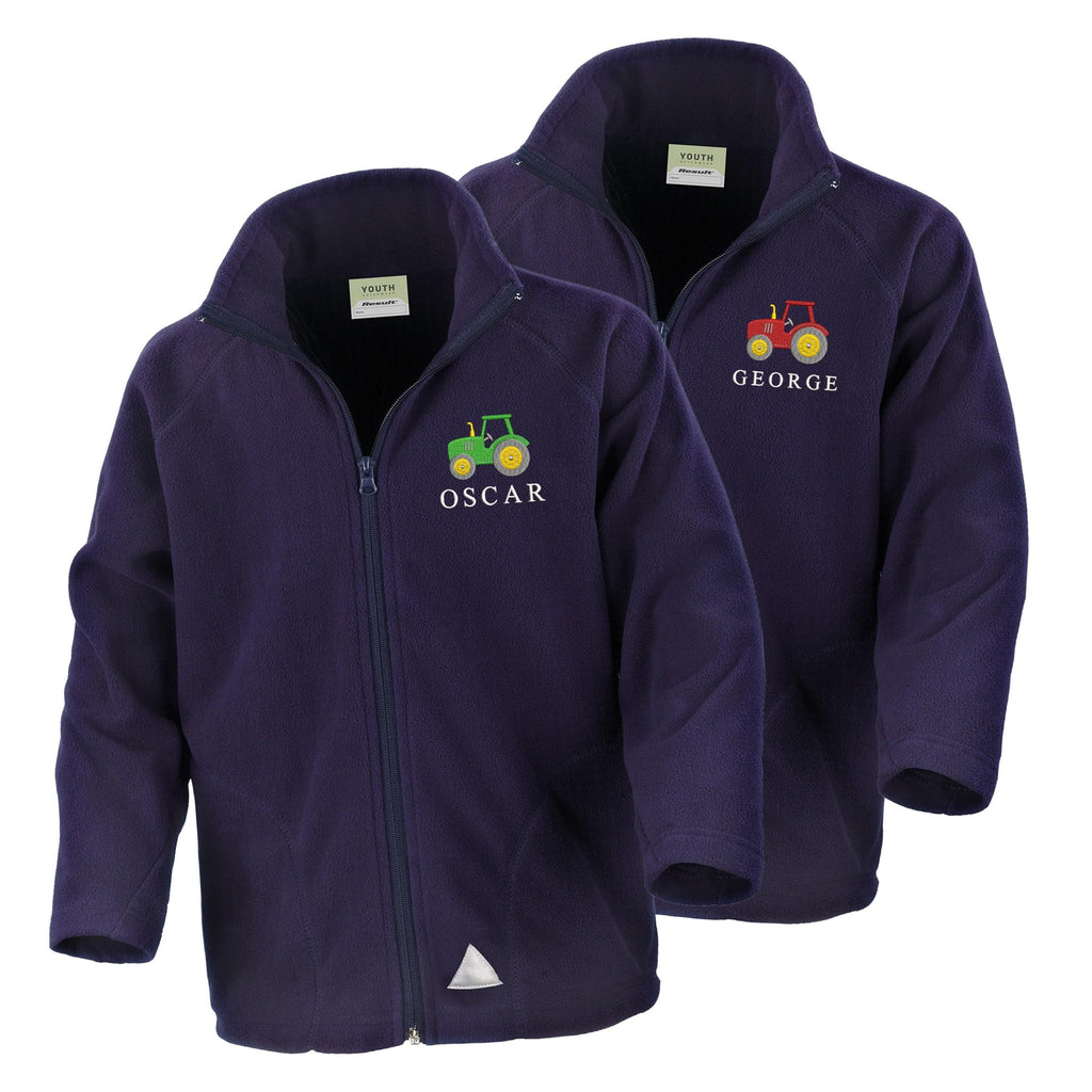Embroidered Tractor Personalised Name Boys Fleece Jacket Navy Kids Custom Text Farm Coat