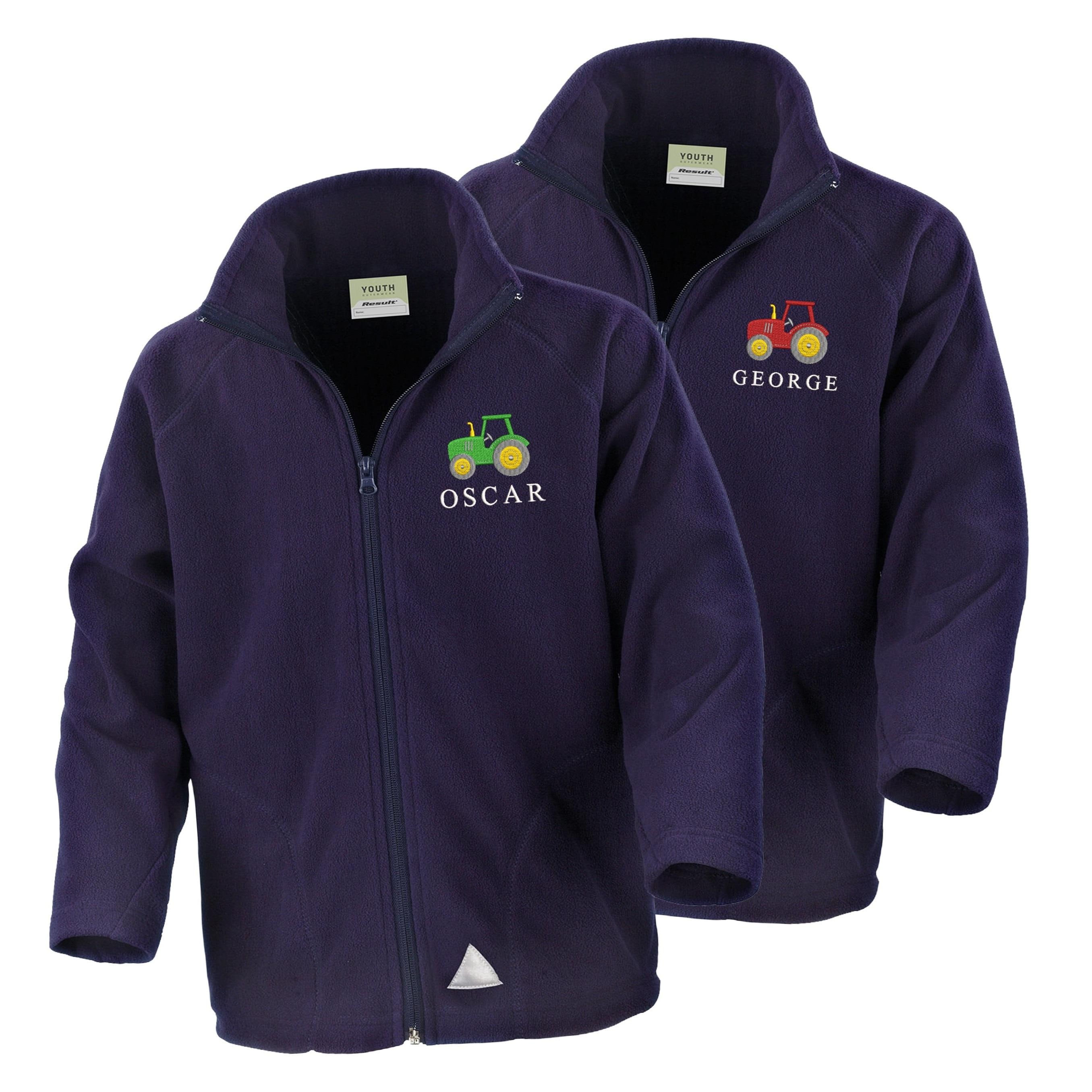 Embroidered Tractor Personalised Name Boys Fleece Jacket Navy Kids Custom Text Farm Coat