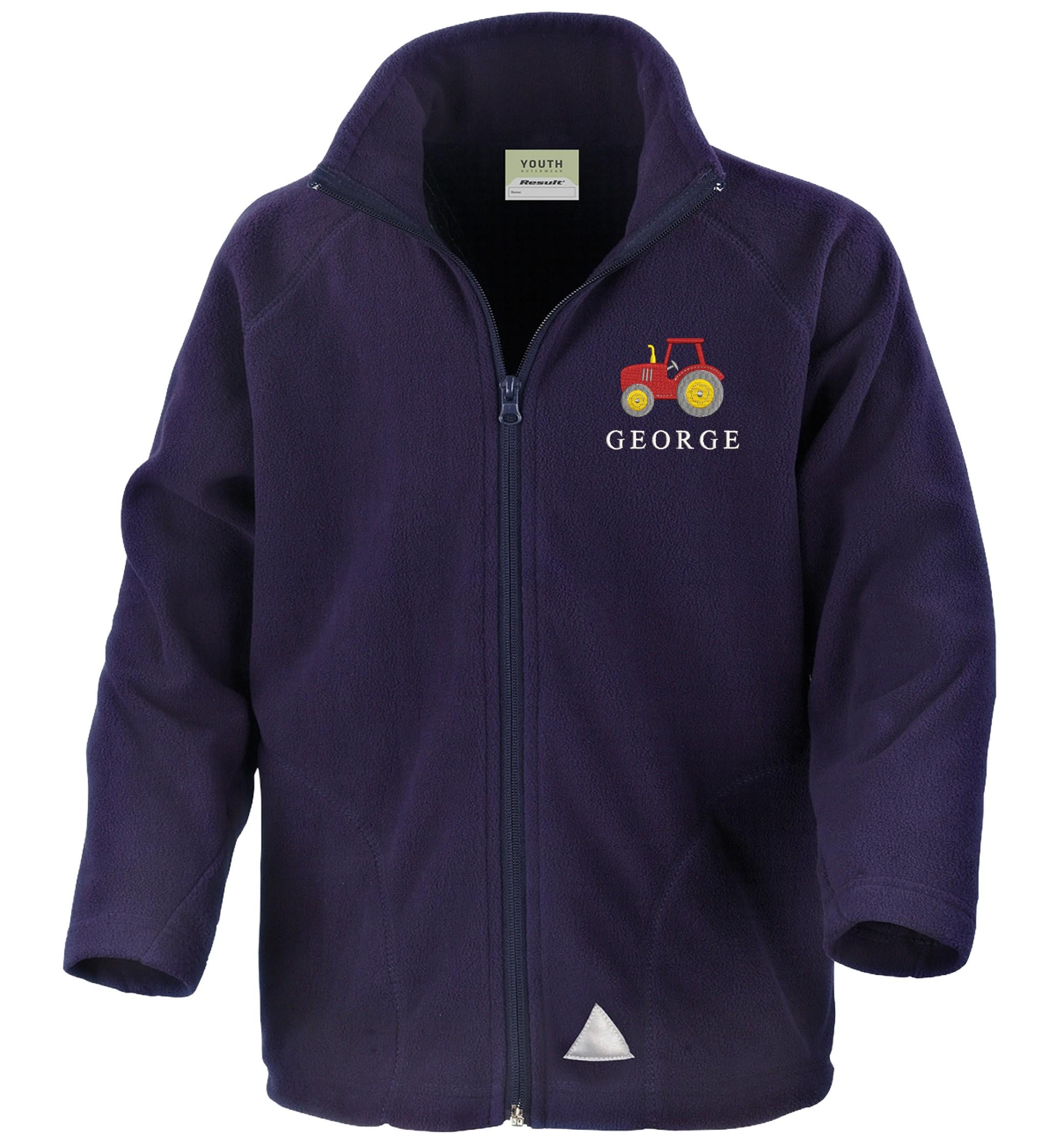 Embroidered Tractor Personalised Name Boys Fleece Jacket Navy Kids Custom Text Farm Coat