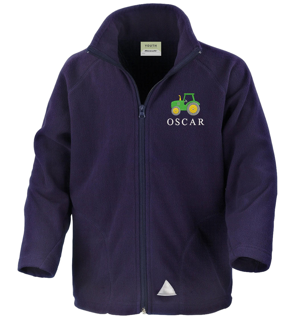 Embroidered Tractor Personalised Name Boys Fleece Jacket Navy Kids Custom Text Farm Coat
