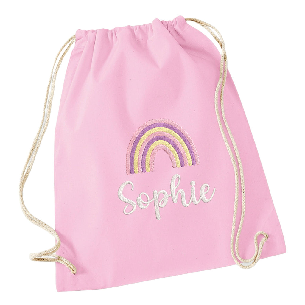Embroidered Girls Personalised Pink Rainbow Name Cotton Gymsac Custom Text School PE Bag Nursery Bag