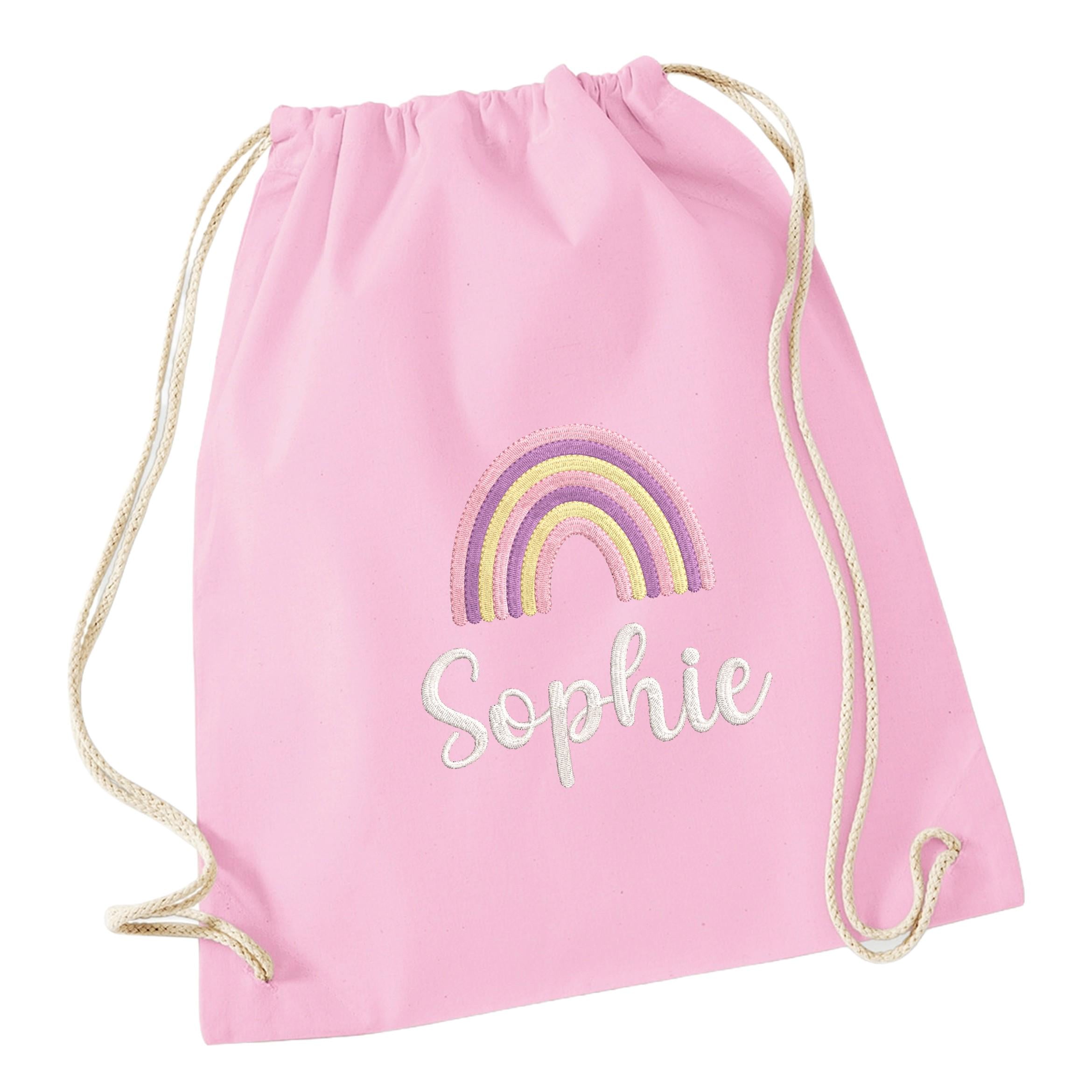 Embroidered Girls Personalised Pink Rainbow Name Cotton Gymsac Custom Text School PE Bag Nursery Bag