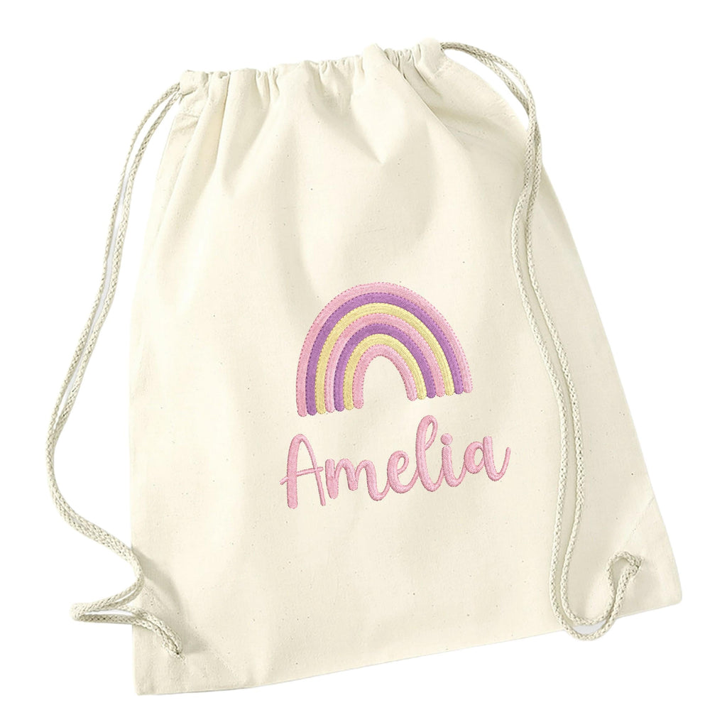 Embroidered Girls Personalised Pink Rainbow Name Cotton Gymsac Custom Text School PE Bag Nursery Bag