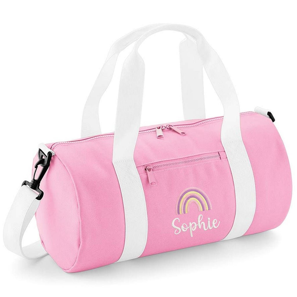 Embroidered Kids Personalised Name Pink Rainbow Mini Barrel Bag Girls Custom School Nursery Holdall Bag