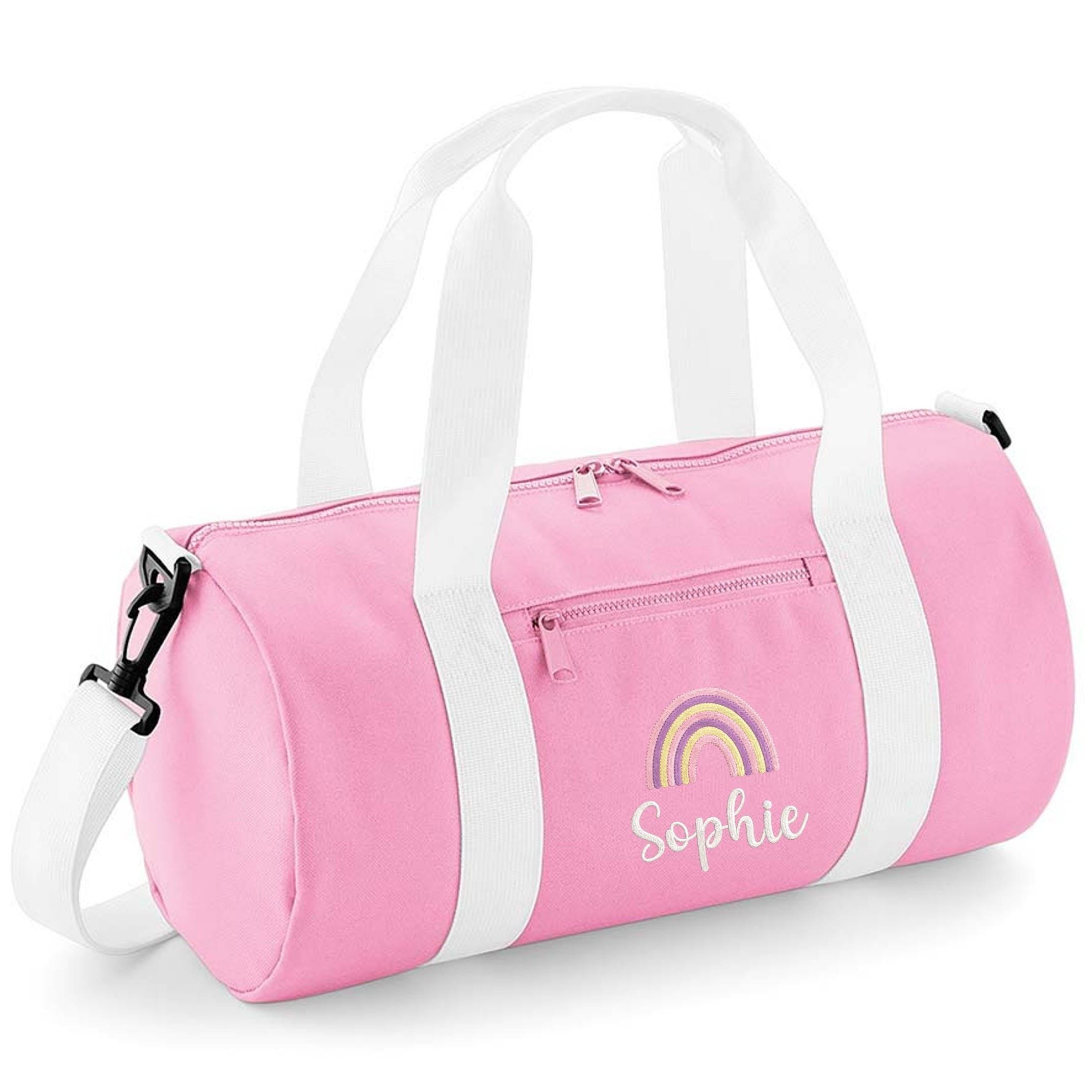 Embroidered Kids Personalised Name Pink Rainbow Mini Barrel Bag Girls Custom School Nursery Holdall Bag