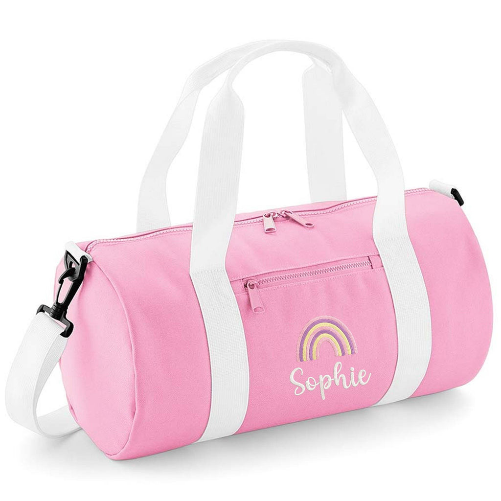 Embroidered Kids Personalised Name Pink Rainbow Mini Barrel Bag Girls Custom School Nursery Holdall Bag