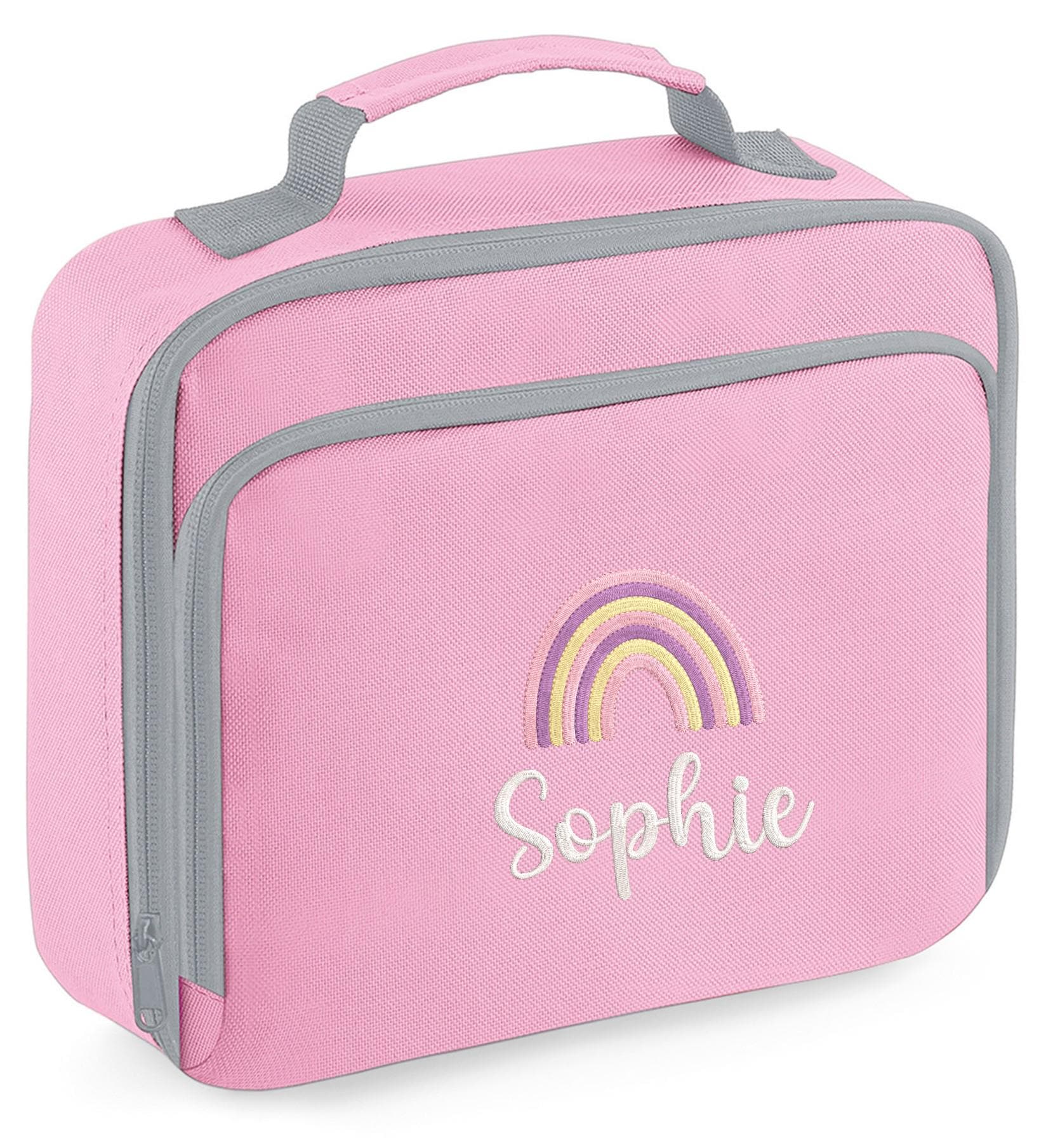 Embroidered Girls Personalised Pink Rainbow Name Lunch Cool Bag Box Custom Text School Nursery