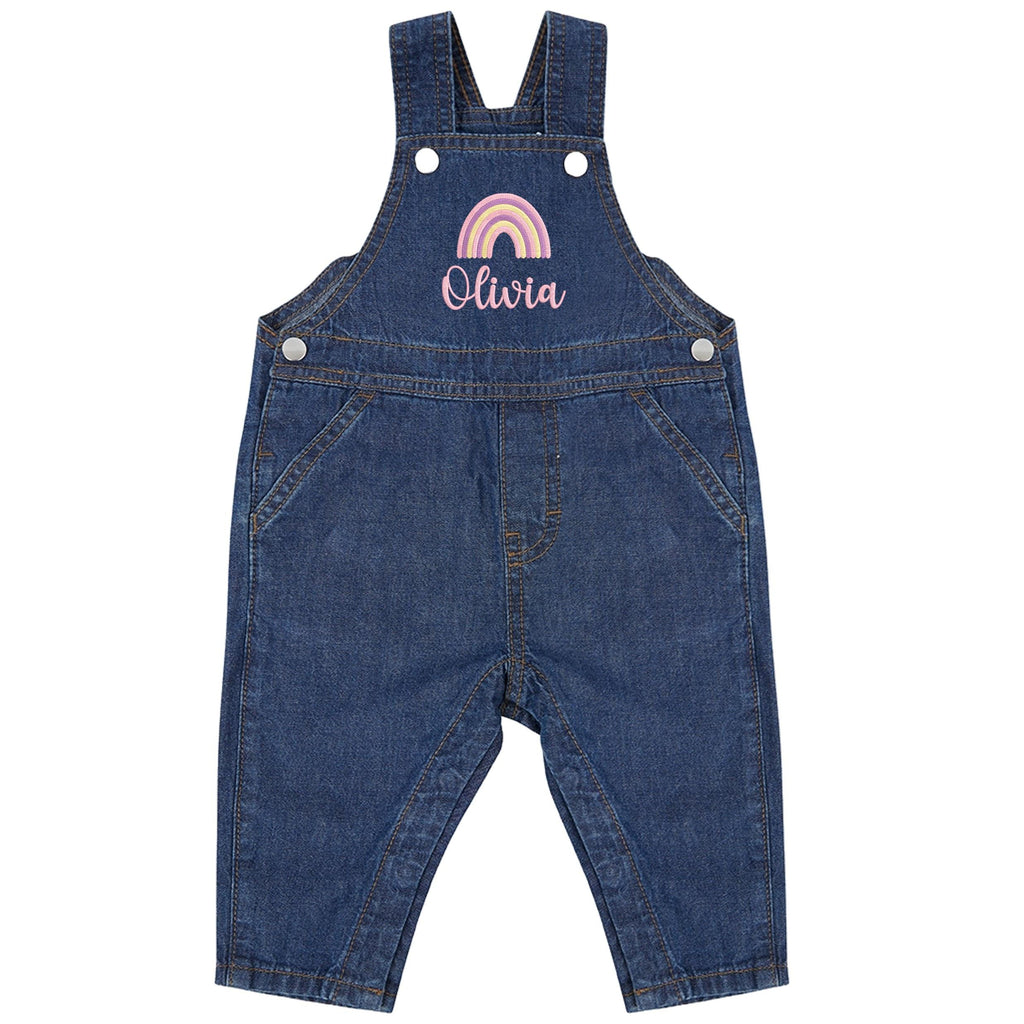 Embroidered Girls Personalised Pink Rainbow Name Baby & Toddler Cotton Denim Dungarees Custom Text Gift