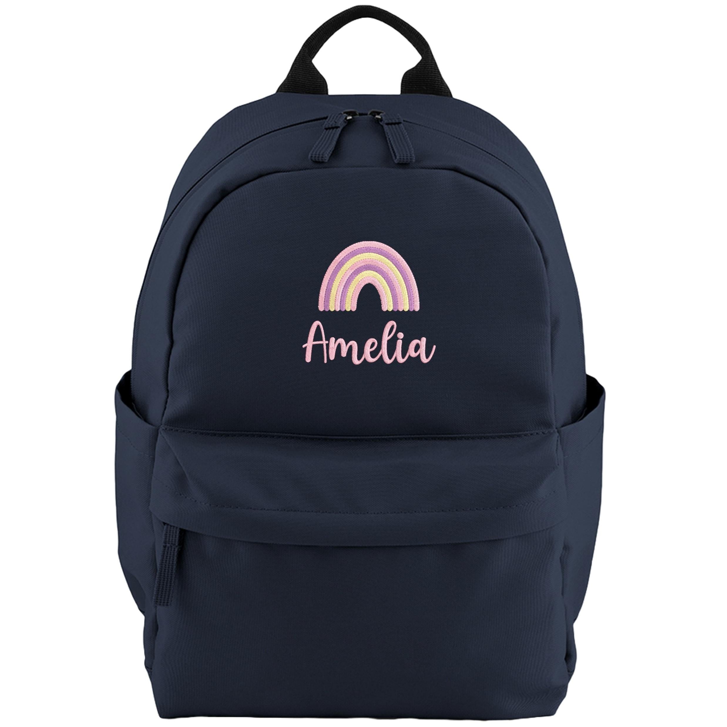 Embroidered Girls Personalised Pink Rainbow Name Small Backpack Custom Text School Rucksack Nursery Bag