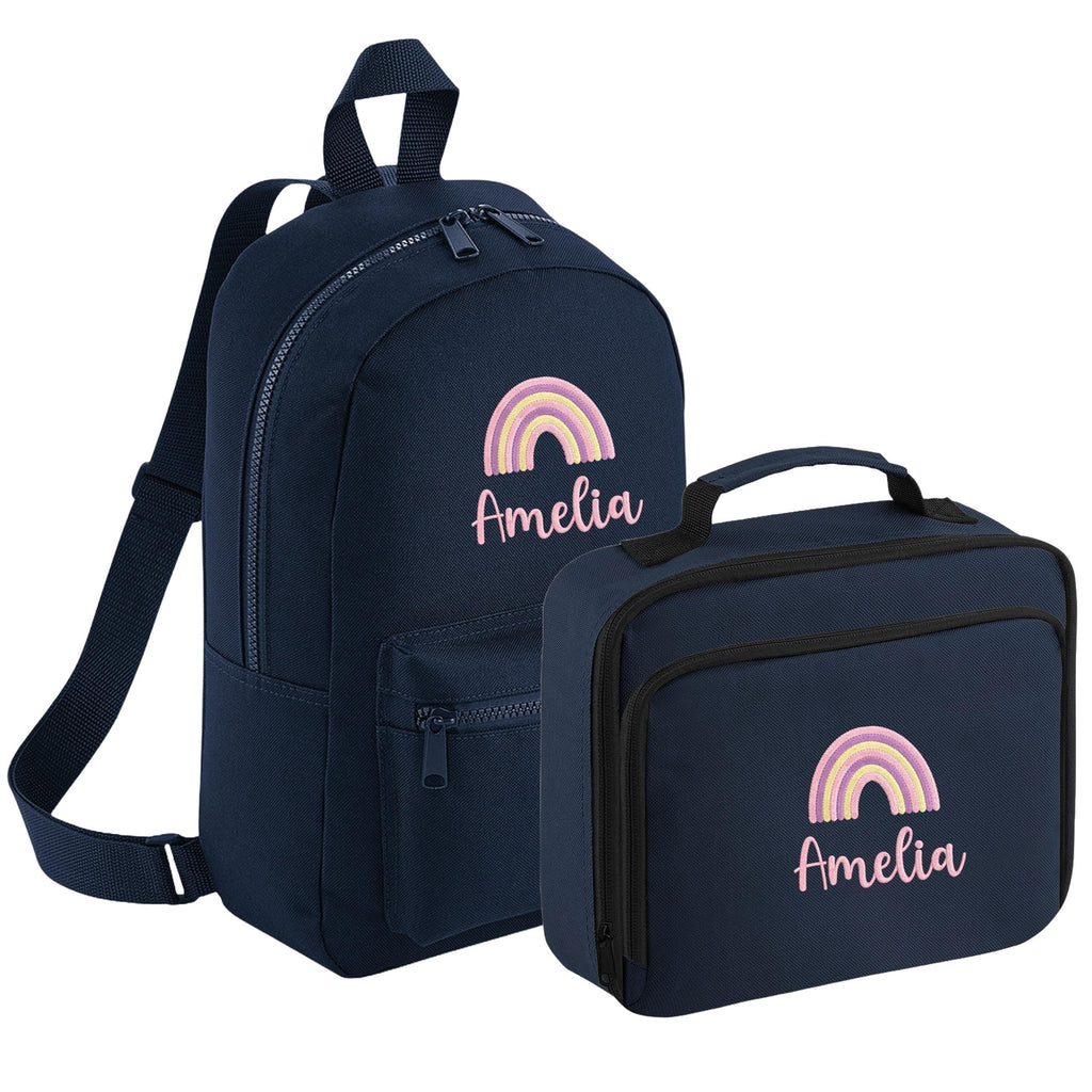 Embroidered Girls Personalised Pink Rainbow Name Backpack & Lunch Bag Set Custom School Rucksack Nursery Bag