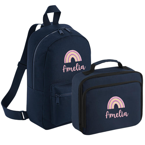 Embroidered Girls Personalised Pink Rainbow Name Backpack & Lunch Bag Set Custom School Rucksack Nursery Bag