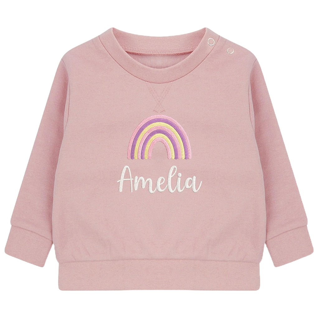 Embroidered Girls Personalised Rainbow Name Baby and Toddler Pink Sustainable Sweatshirts