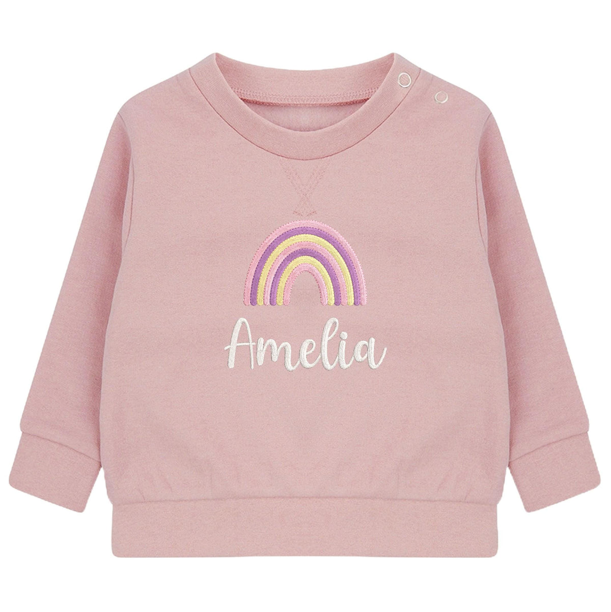 Embroidered Girls Personalised Rainbow Name Baby and Toddler Pink Sustainable Sweatshirts